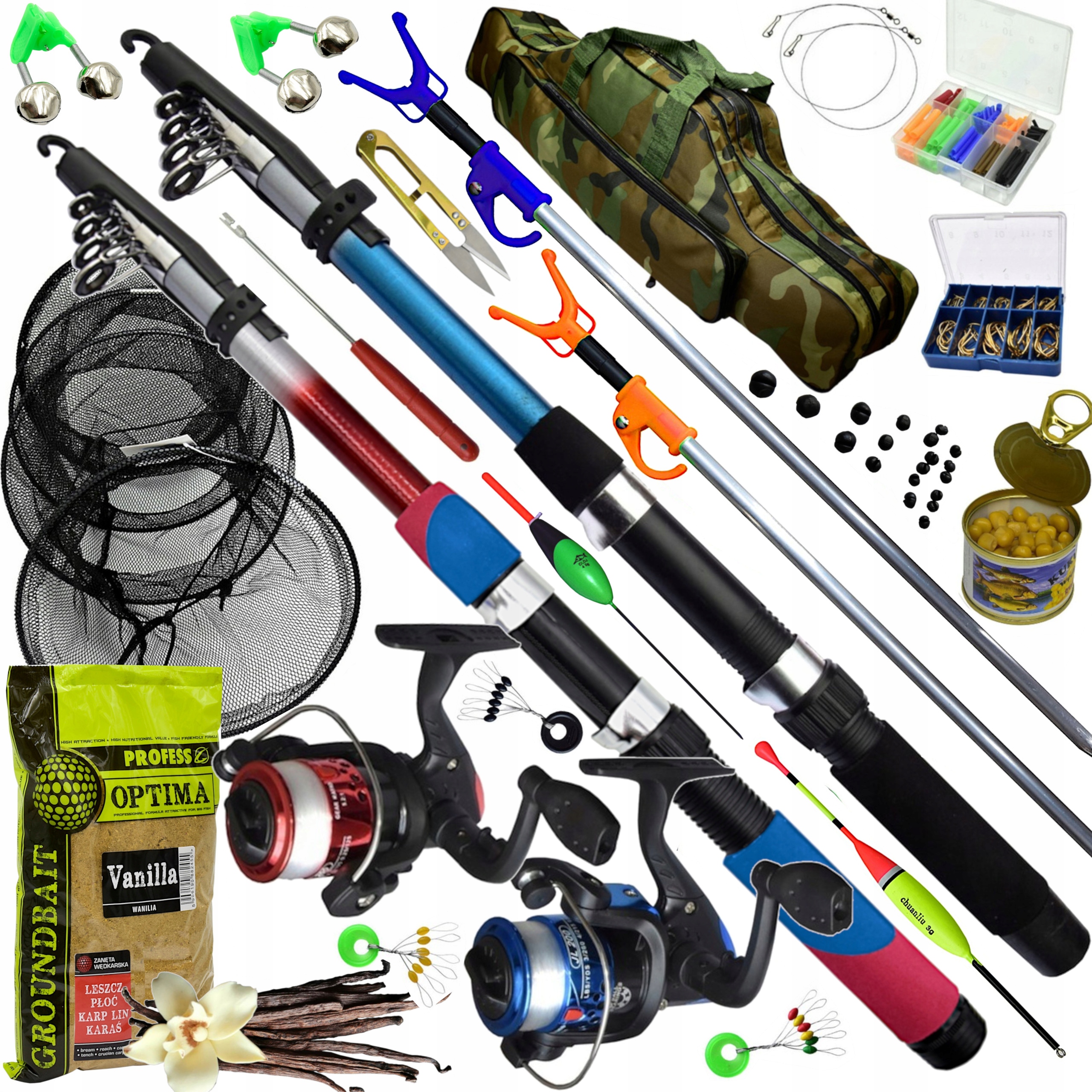 Zestaw Wędkarski 2x Wędka 2x Kołowrotek Torba Siatka Podpórki Zanęta Akceso