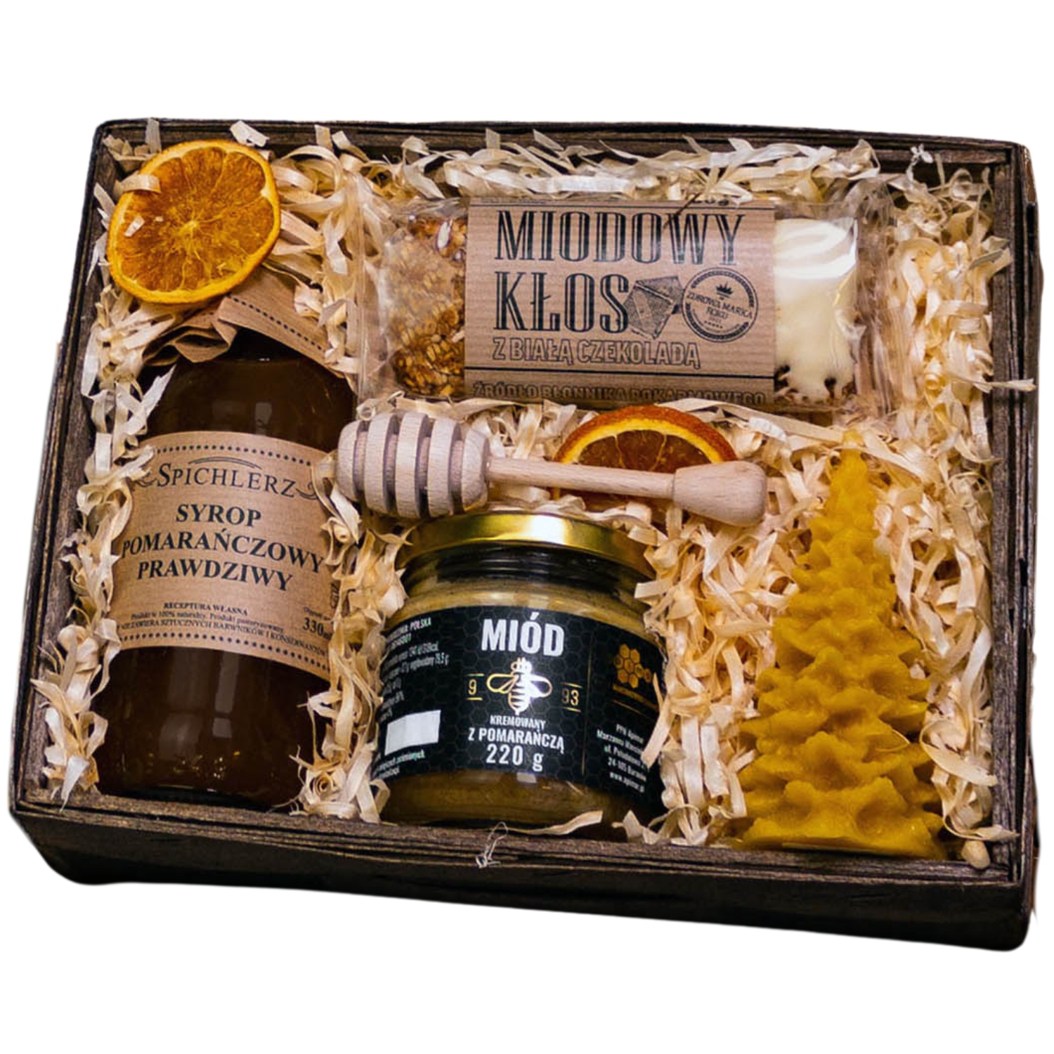 Levně Vánoční dárkový koš s medem, sirupem a tyčinkou z vosku