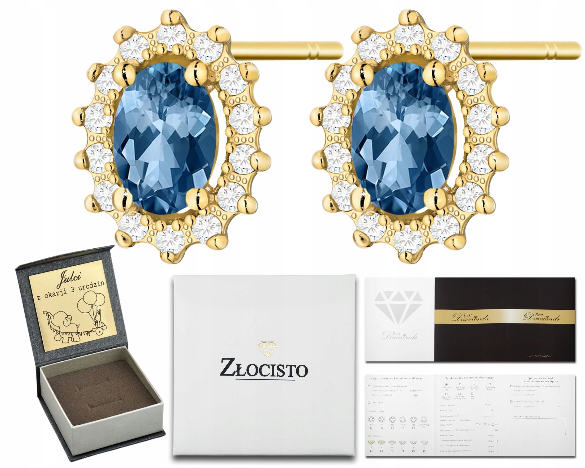 Zlaté Náušnice Topaz London Blue Brilianty Zlaté Tyčinky 585 14K Jako Dárek