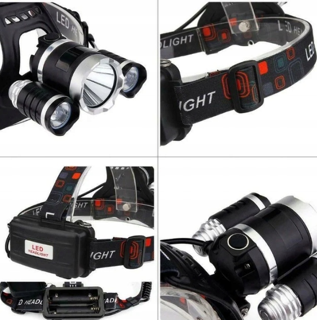 MOCNA LATARKA CZOŁOWA 3 x LED T6 CREE CZOŁÓWKA AKU Maksymalna siła światła 5000 lm