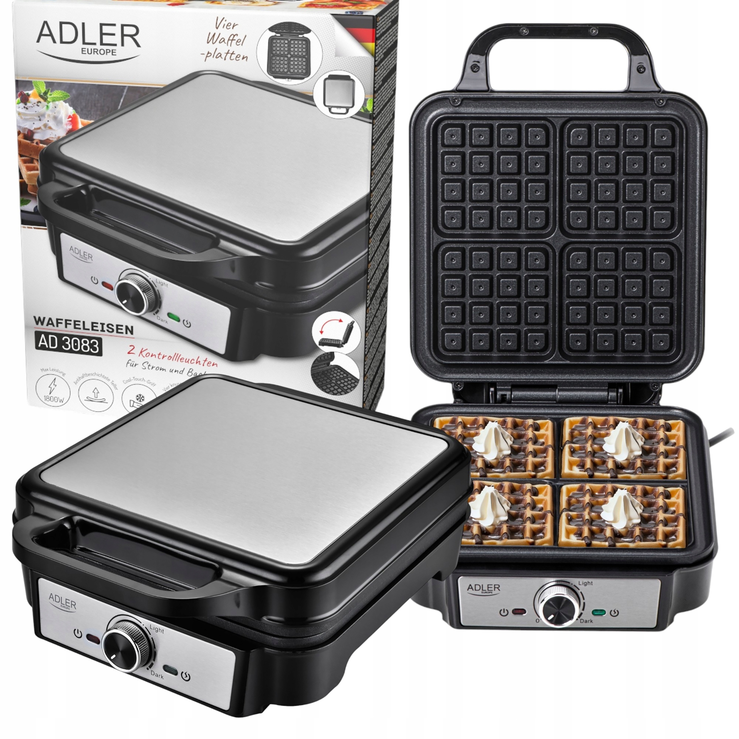 Najnowszy Model Gofrownica Adler AD3083 1800 W Na 4 Chrupiące Gofry