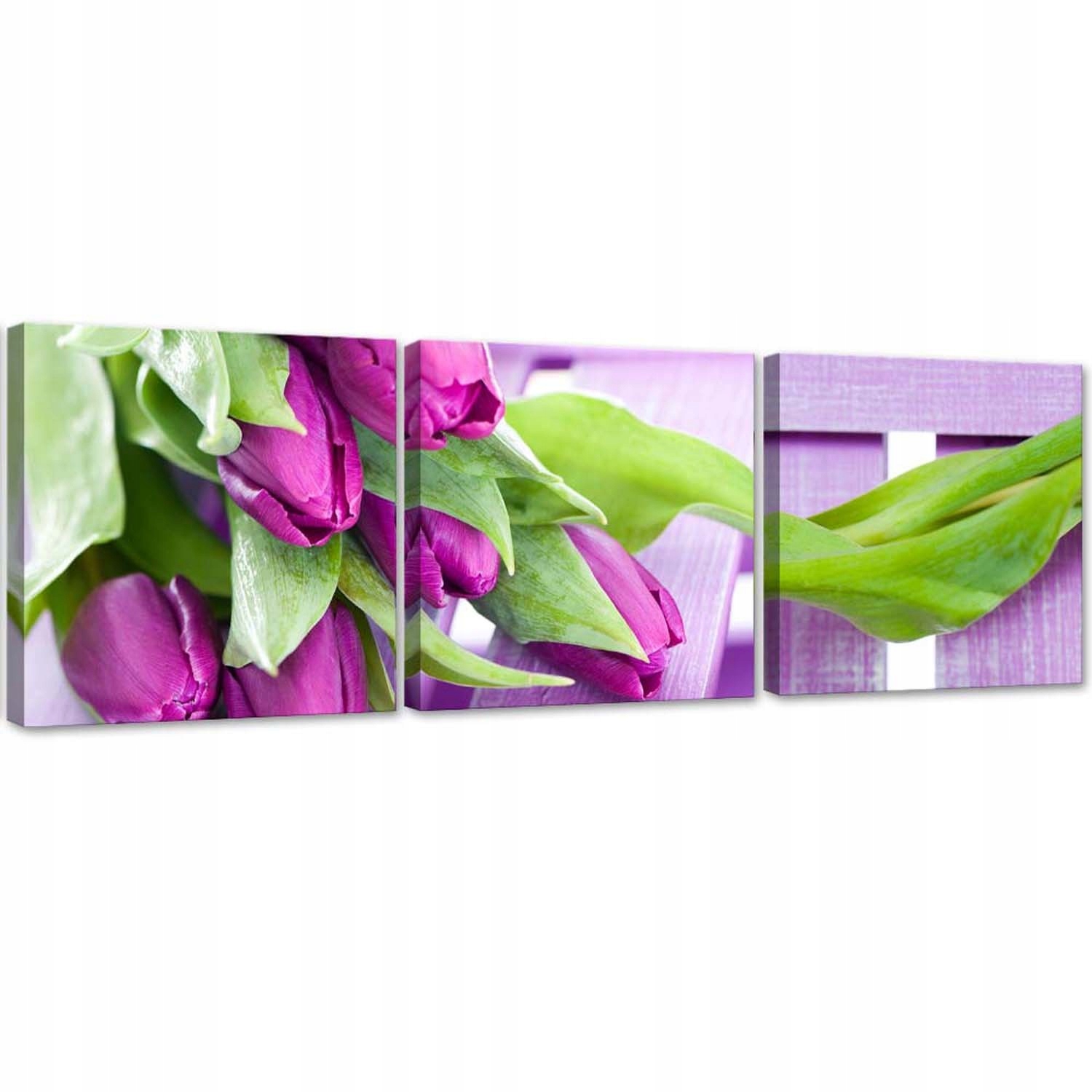 Sada obrazů na plátně, Fialové tulipány v kytici 120x40