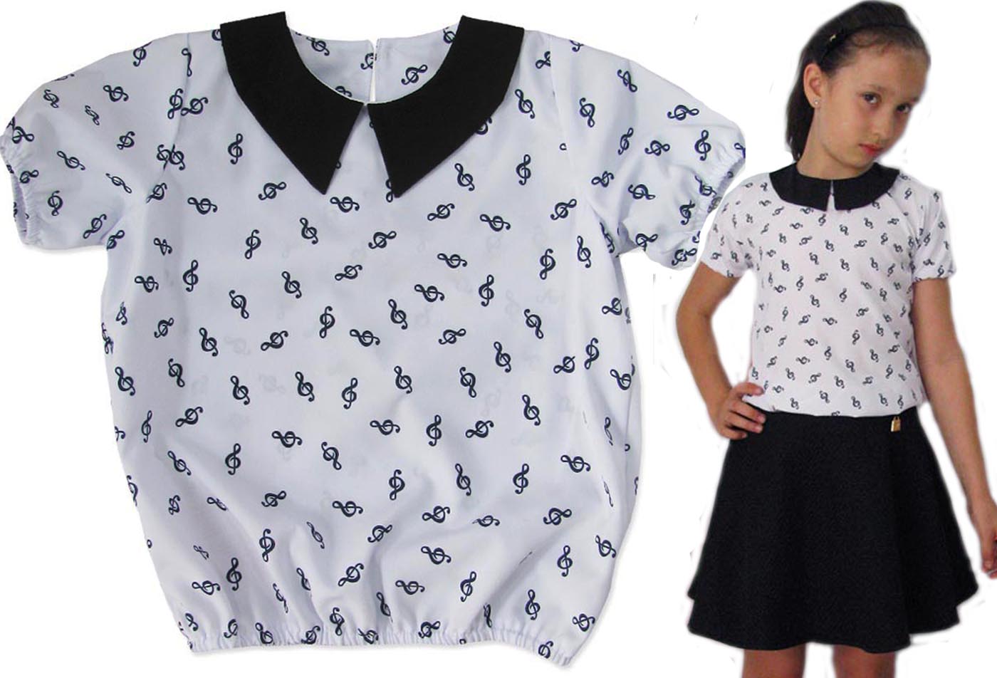 

116 Bluzka galowa biała Zwiewna nutki szkoła BS243