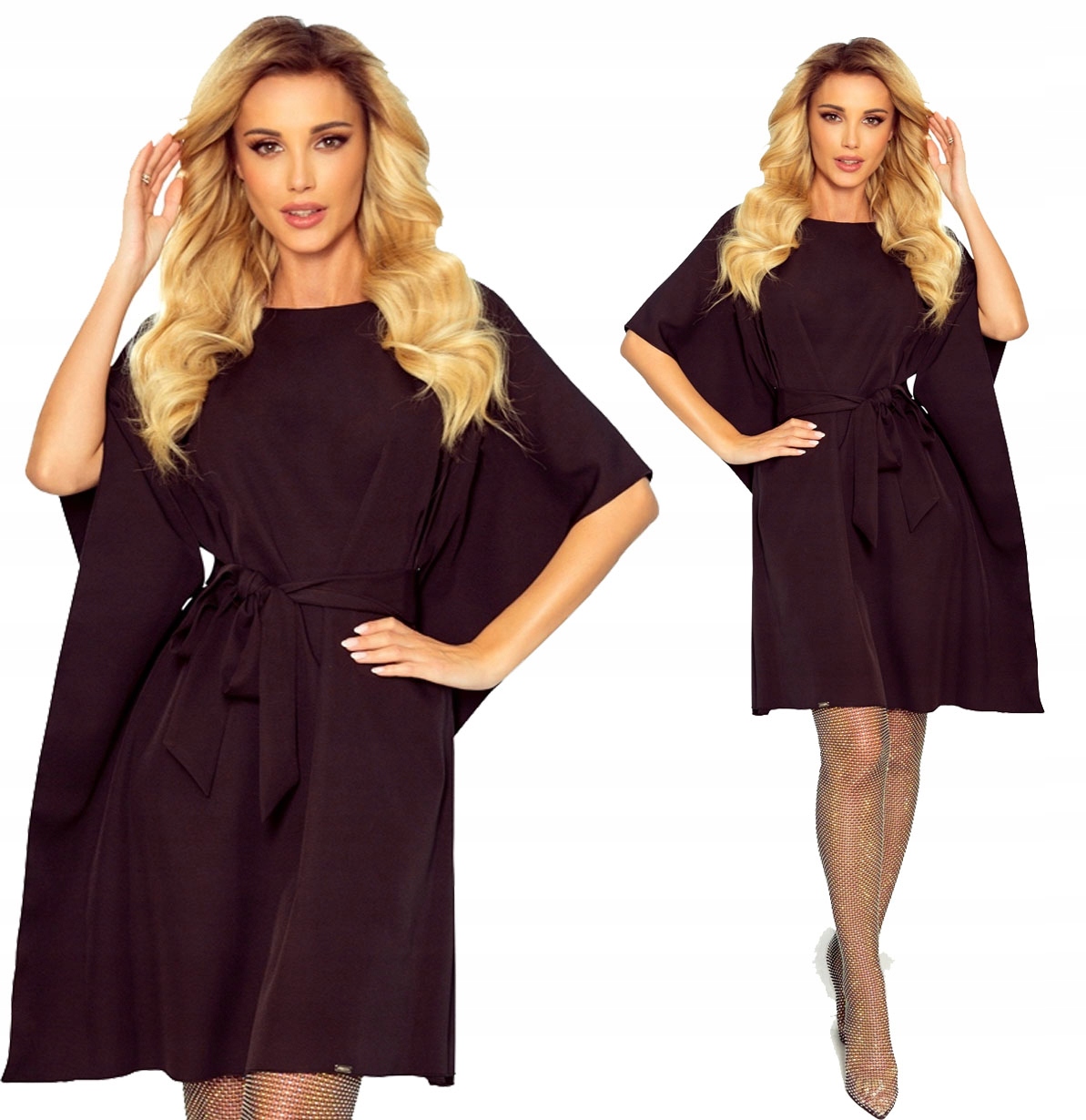 Krásné Šaty S Motýlem A Páskem, Asymetrické Rukávy, Černá L/XL