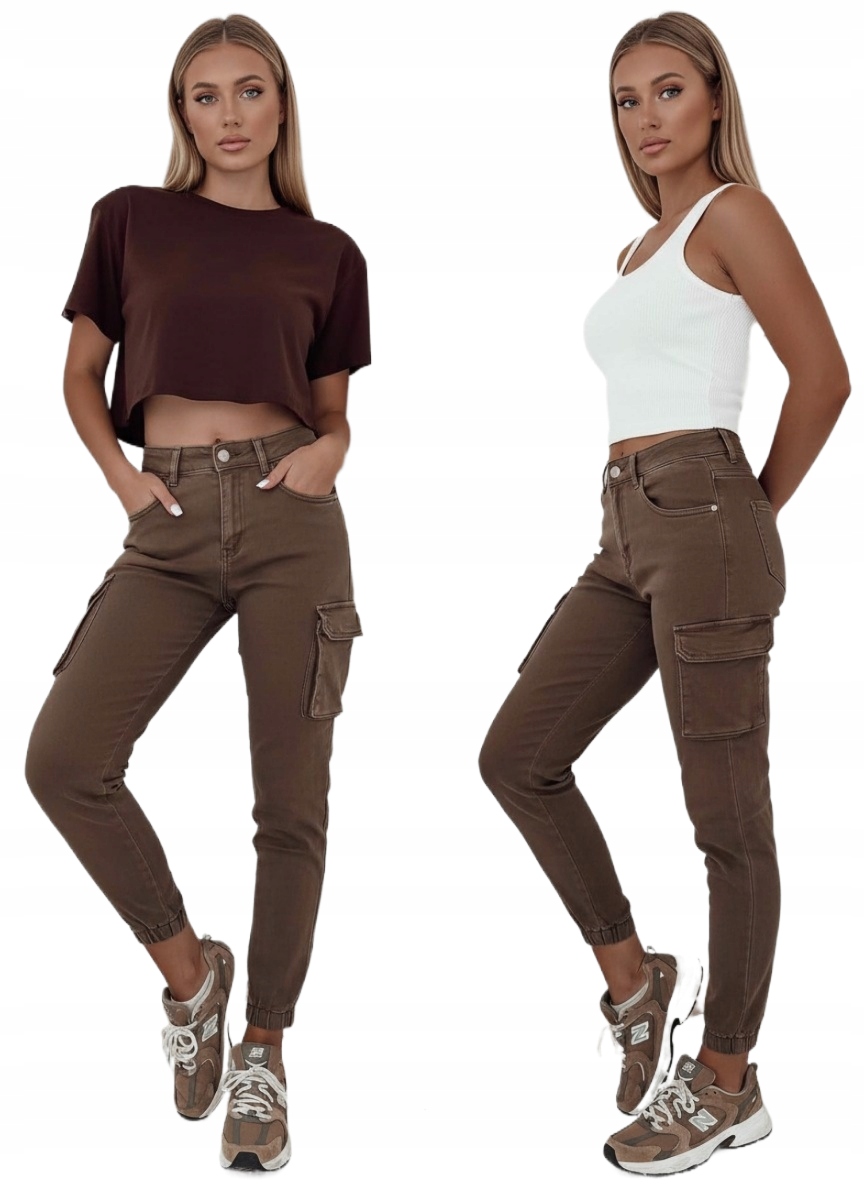 Jeansy Damskie Joggery Bojówki Cargo Kieszenie Czekoladowe Brązowe Gumka S