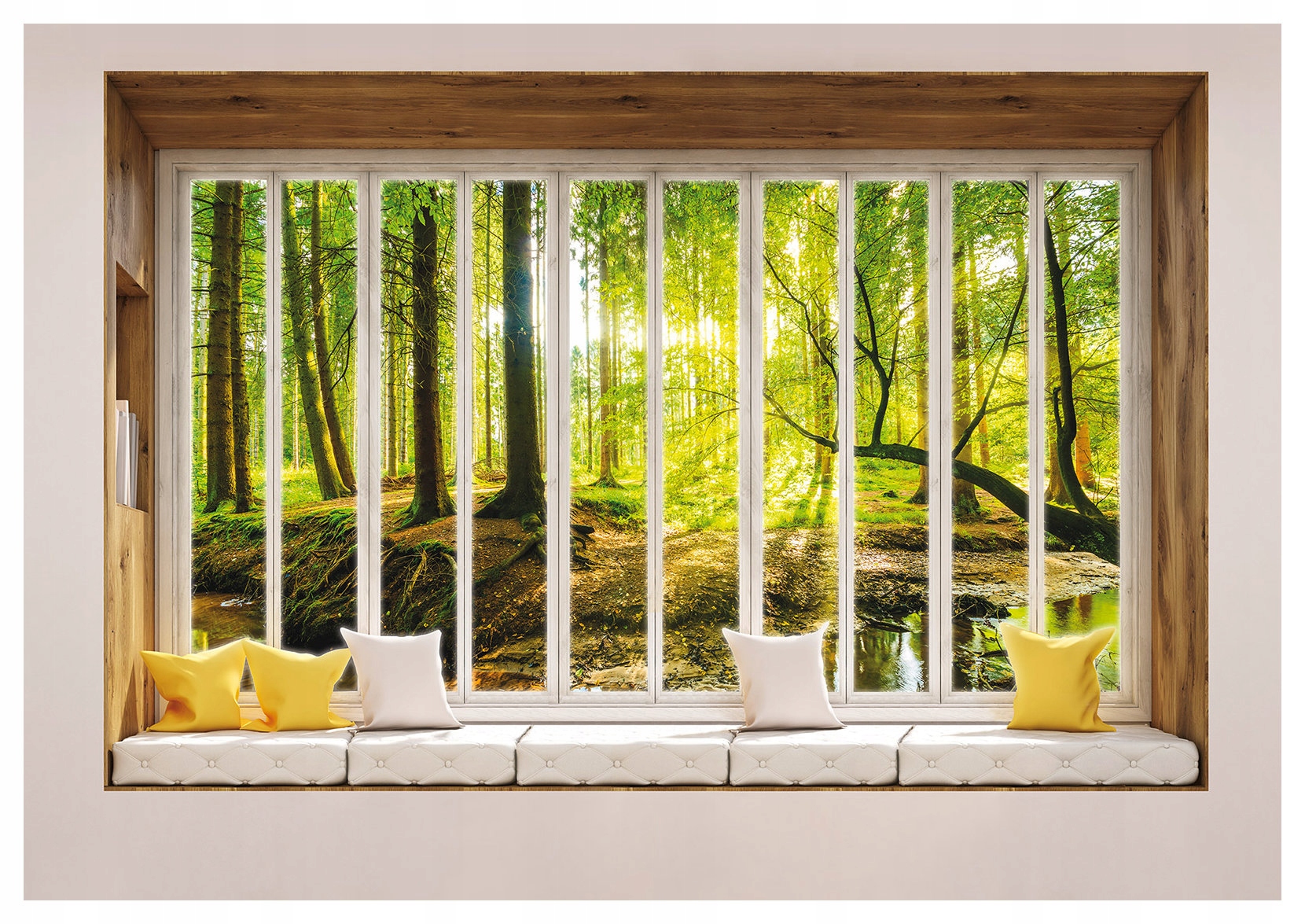 Vliesová fototapeta Okno do lesa Slunce, potok, polštáře 254x184 lepidlo