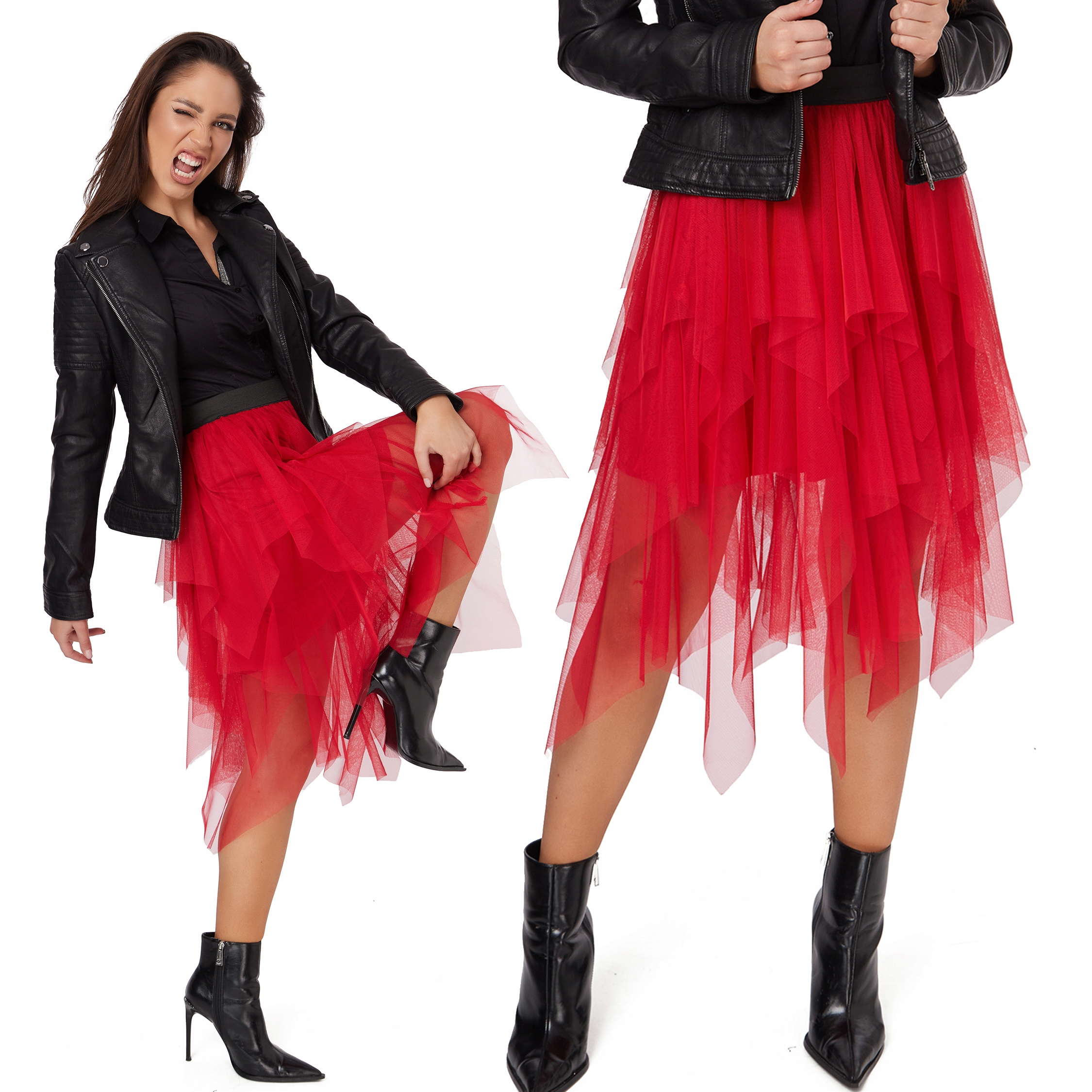 027_ SPÓDNICA TIULOWA falbanki MIDI Marka Amarant