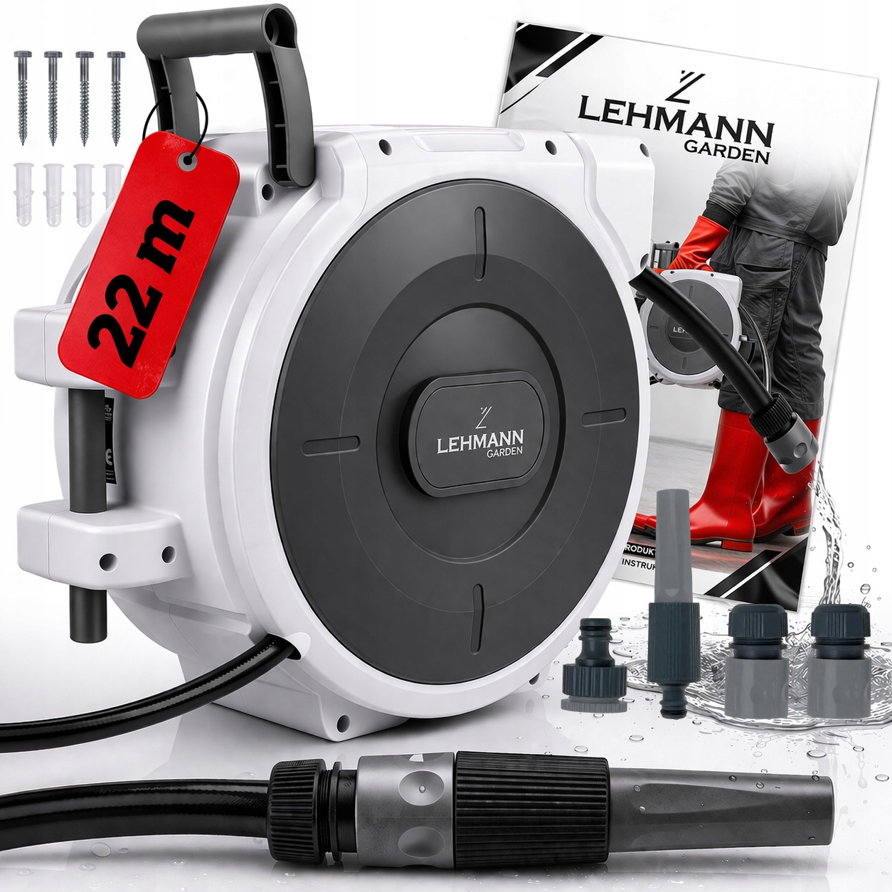 Zwijacz bęben na wąż ogrodowy automatyczny Zestaw z wężem 22m 1/2 Naścienny