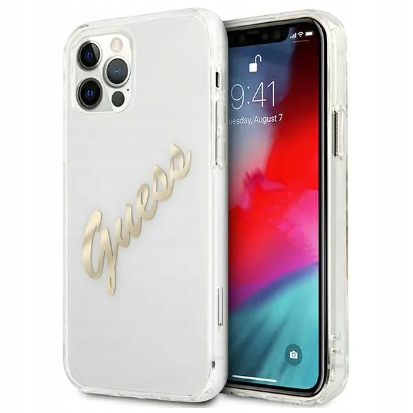 Etui Guess Vintage Script Gold na iPhone 12 iPhone 12 Pro przezroczyste