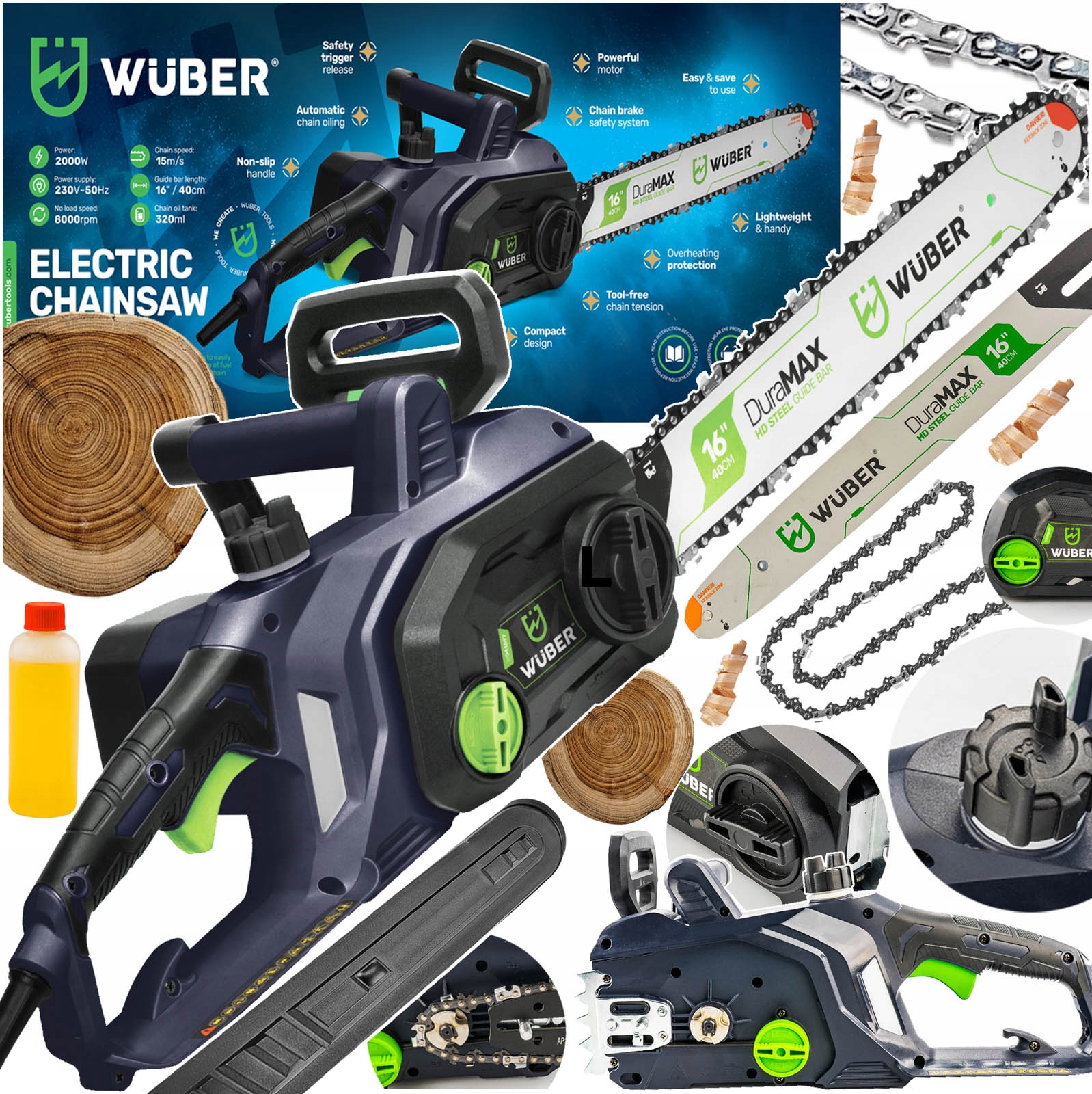 Elektrická Pila Na Dřevo Řetězová Pila Olej Vodící Lišta Řetěz 16"