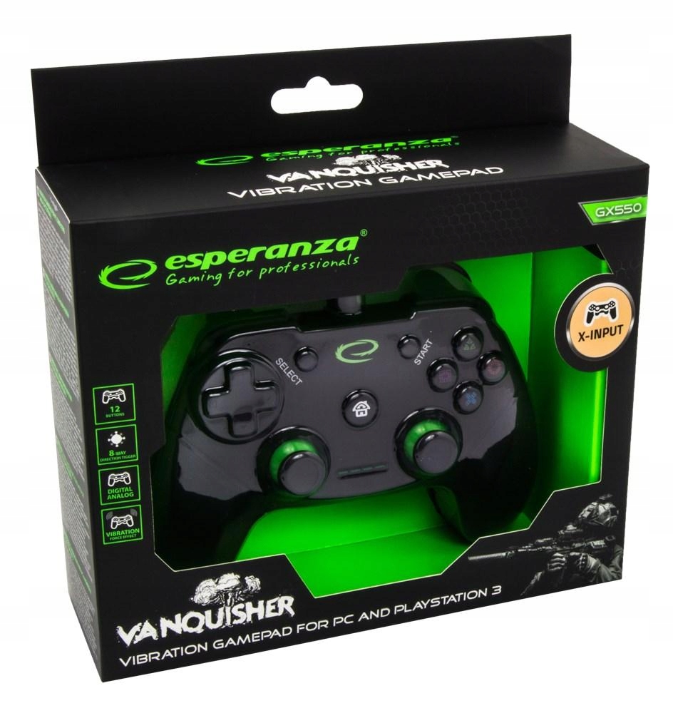 Gamepad Esperanza Vanquisher EGG110K Pc, PS3 kolor czarny, kolor zielony