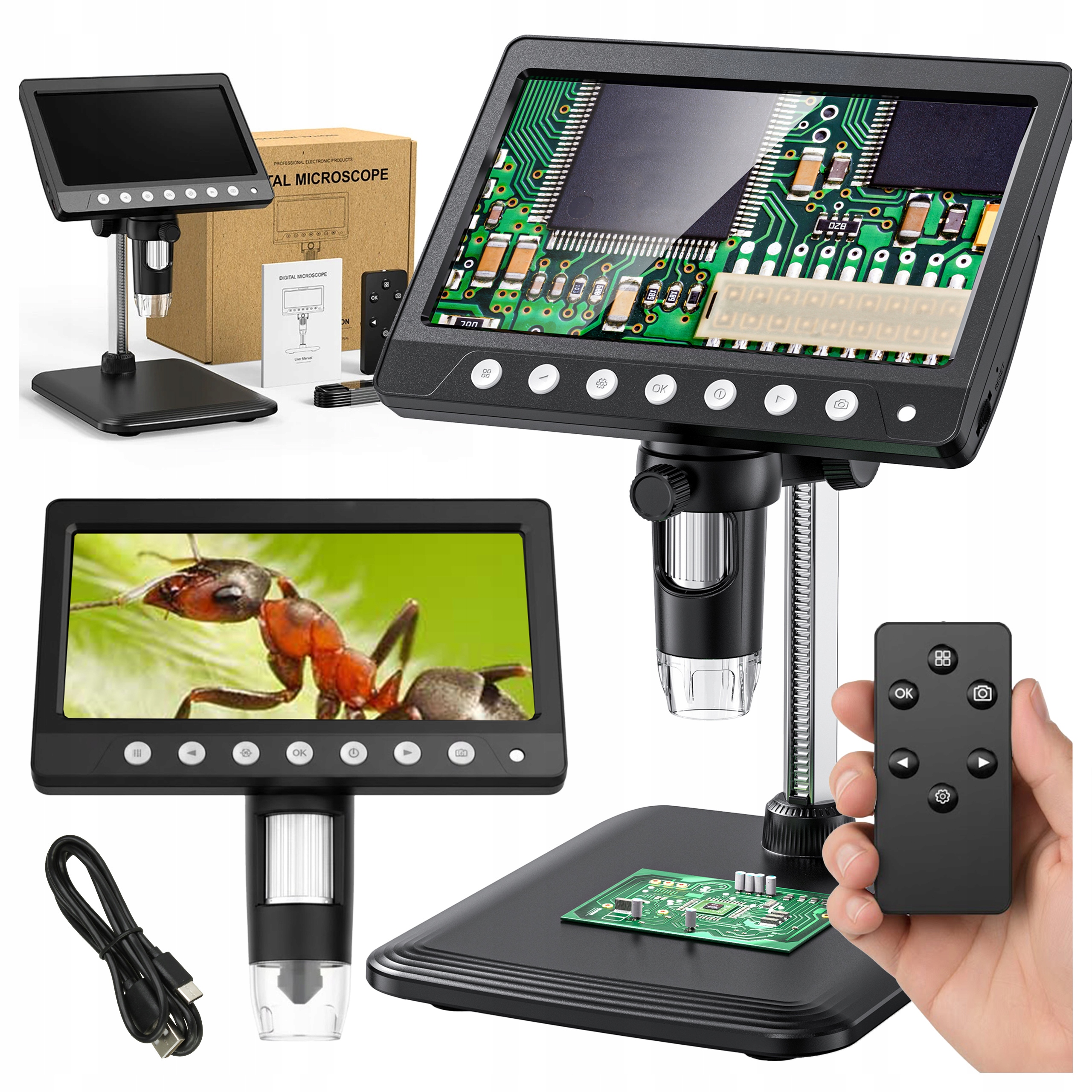 Mikroskop pro pájení pro Elektriku 8x Led monitor 7'' Usb microSD 1200x