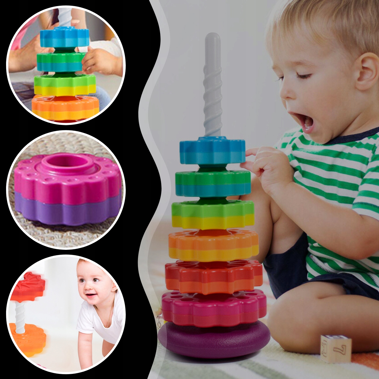 CSAVART TORONY OKTATÓ JÁTÉK SZIVÁRVÁNY PIRAMIS SPIRÁL GYEREKNAP Gyártó kódja ZAKRĘCONA WIEŻA ZABAWKA ROZWOJOWA DLA DZIECKA