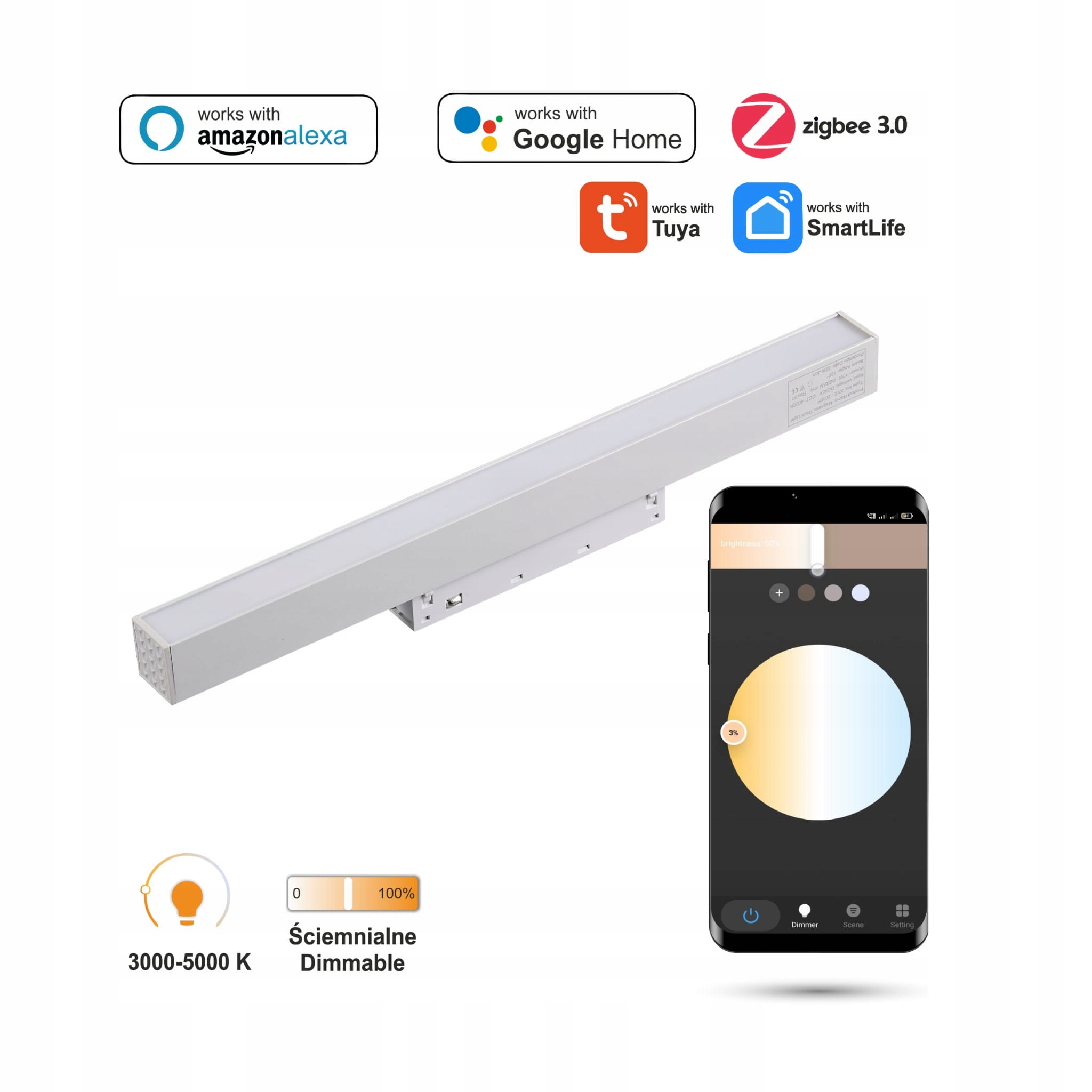 Lineárny reflektor Biely Led WiFi Zigbee Flood 10W pre koľajnice Smart Track 48VDC
