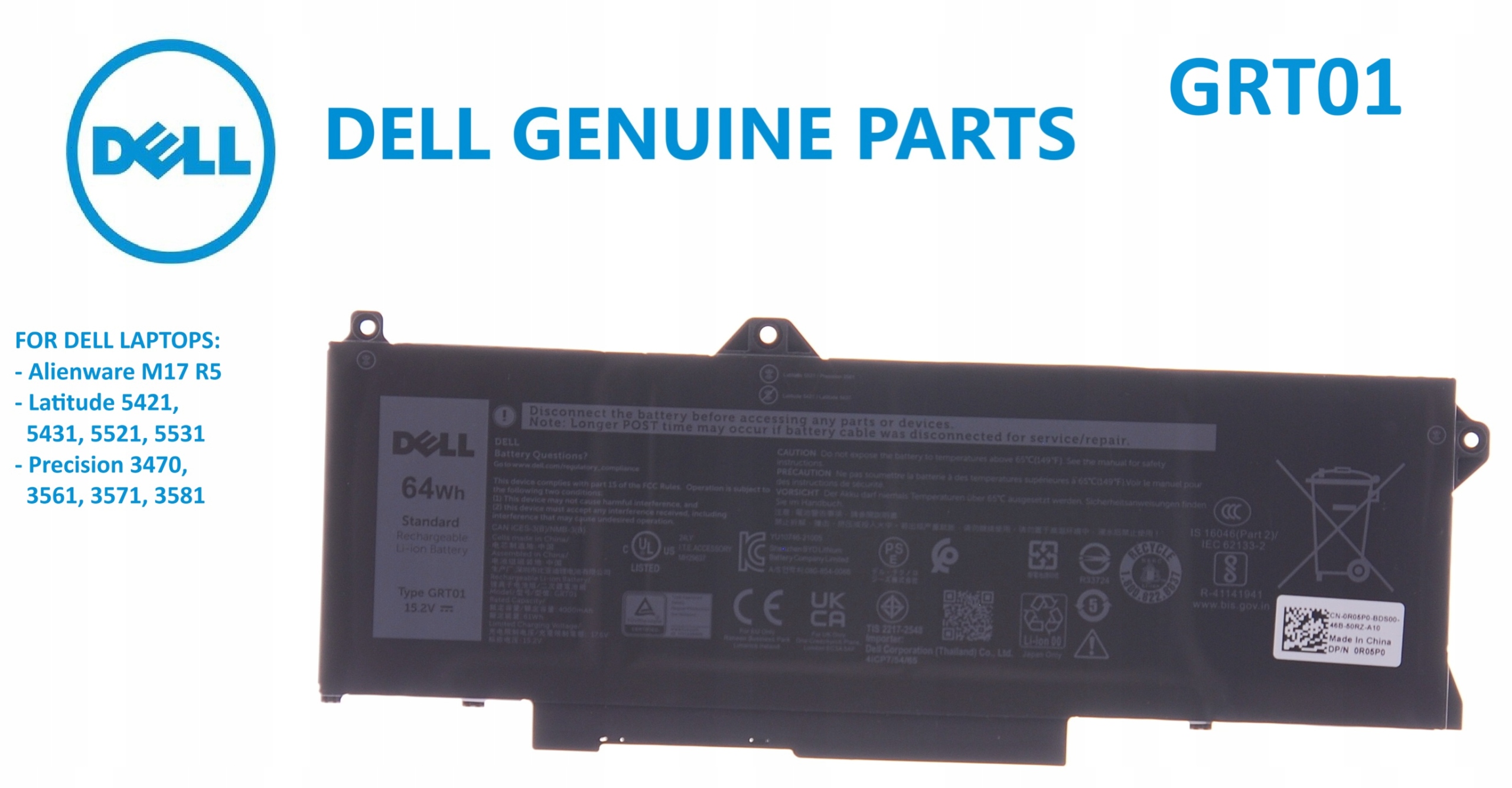Nová Originálna Batéria Dell Typ GRT01 64WH 15.2V Dp/n 0P3TJ R05P0 2025
