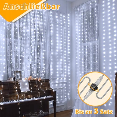 OLLNY Kurtyna Świetlna Girlanda Ozdobna Lamki Wodoodporne 3x3m 300 LED — miniatura 4