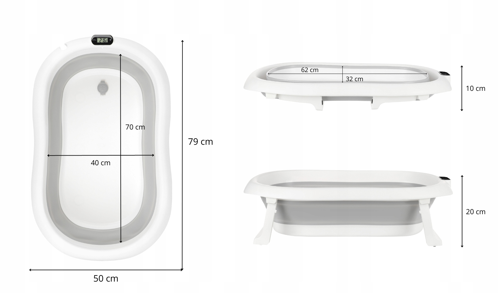 Wanienka składana PREMIUM dla dziecka DUŻA, termometr LCD, PODUSZKA Głębokość produktu 20 cm