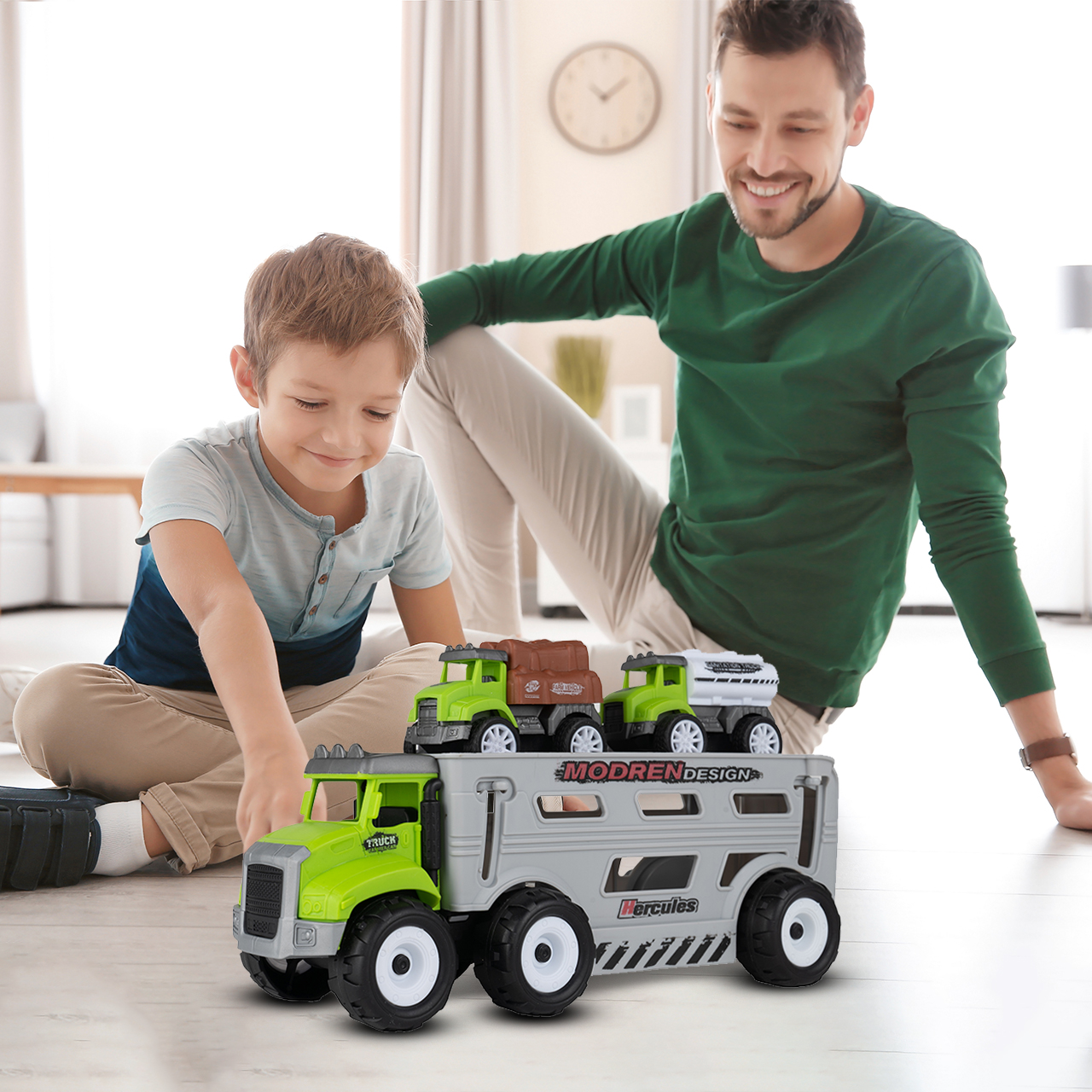 ABSCHLEPPWAGEN MIT LANDWIRTSCHAFTLICHEN AUTOS SET Produkthöhe 8 cm