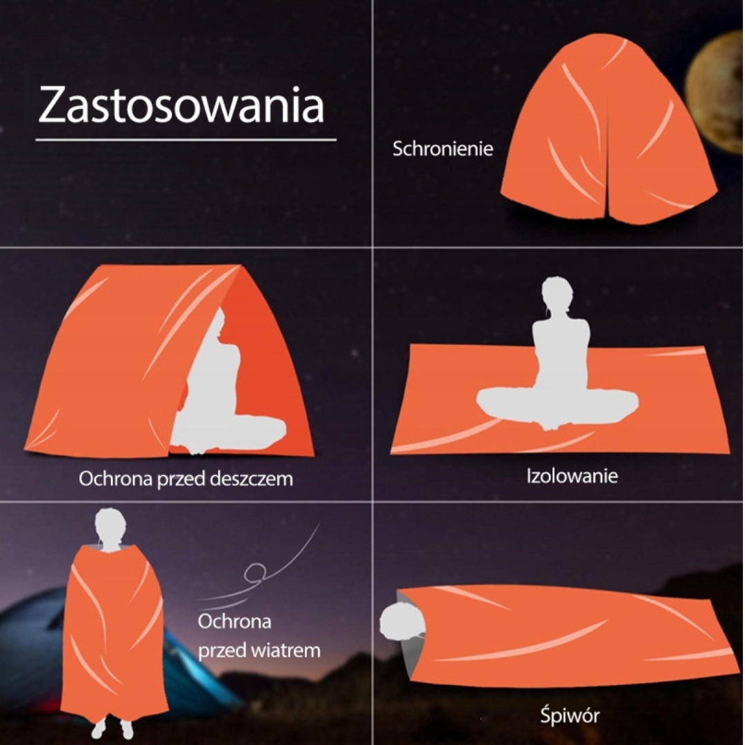 ŚPIWÓR TERMICZNY XXL GÓRSKI WODOODPORNY NRC MĘSKI MRÓZ 210x90 RATUNKOWY Model KOC RATUNKOWY ŚPIWÓR TERMICZNY + GWIZDEK POKROWIEC