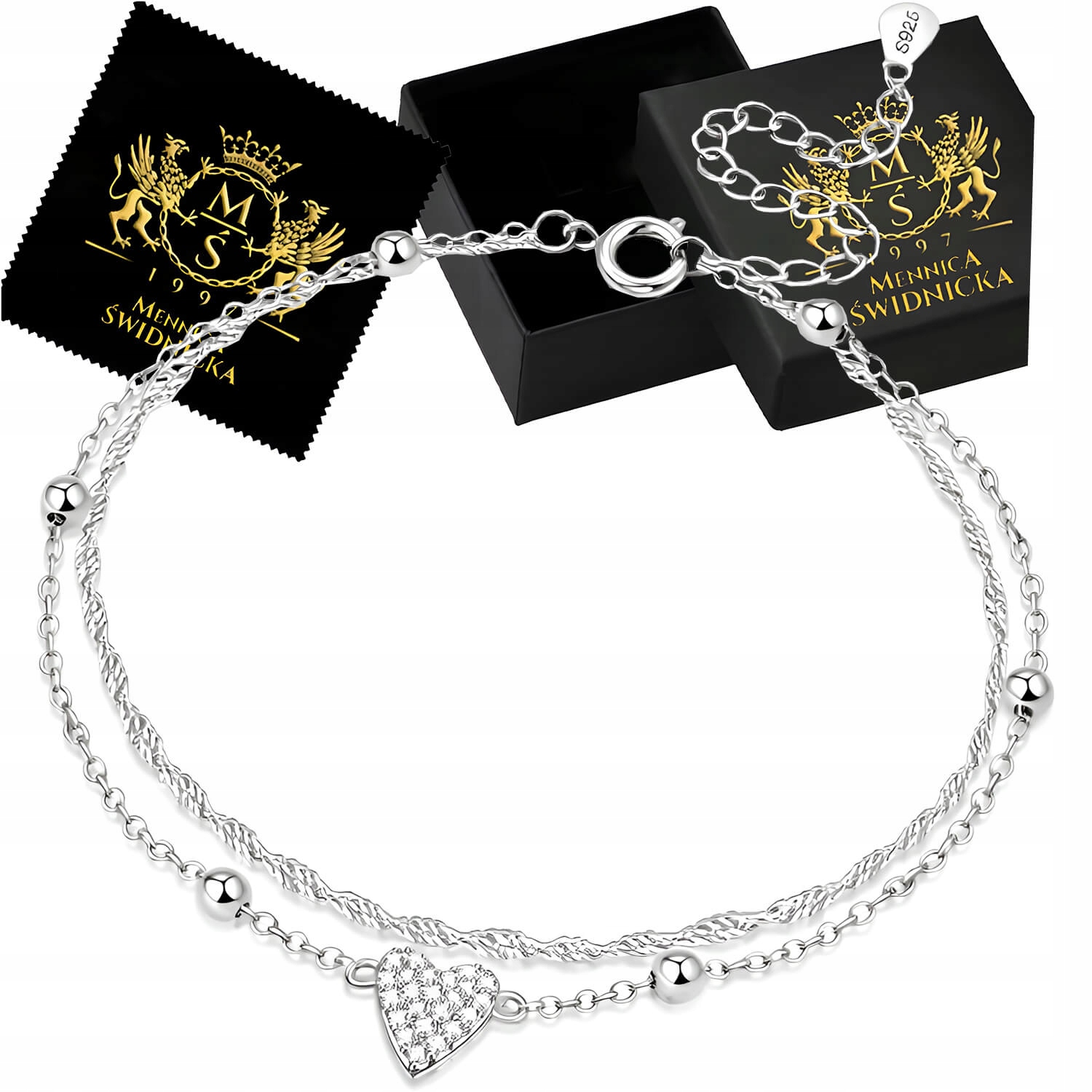 Stříbrný náramek 925 Dvojité srdce s zirkony, nastavitelný jako Dárek