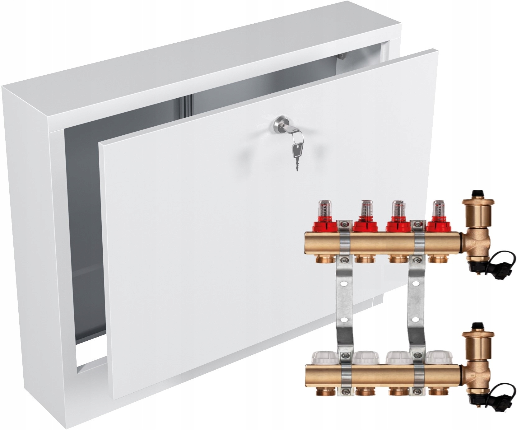 Mosazný rozdělovač pro podlahové topení 4 sekce Nástěnná Skříňka