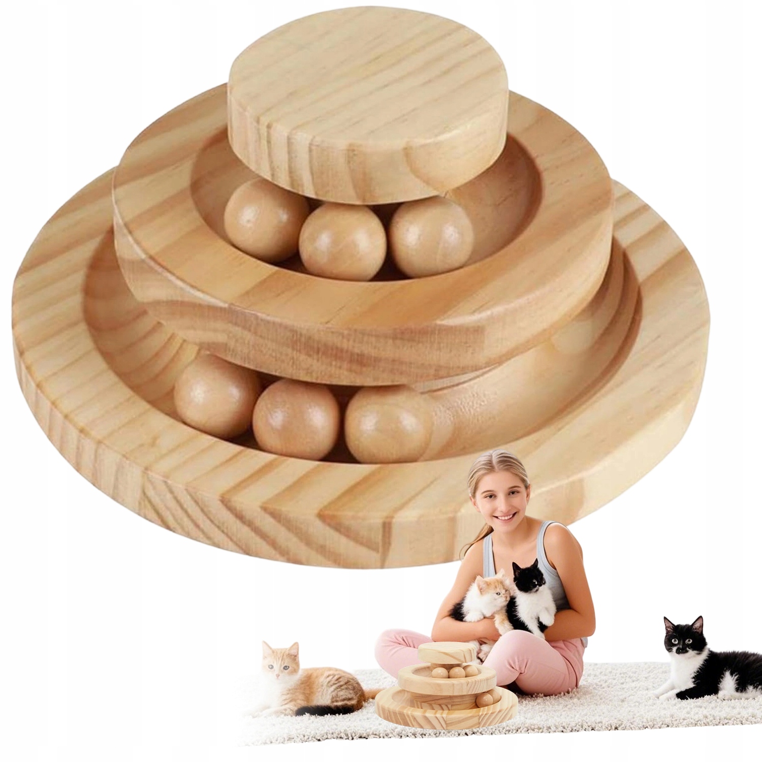 Levně Interaktivní Hračka Pro Kočky Věž S Míčky, Dřevěná, 3 Úrovně