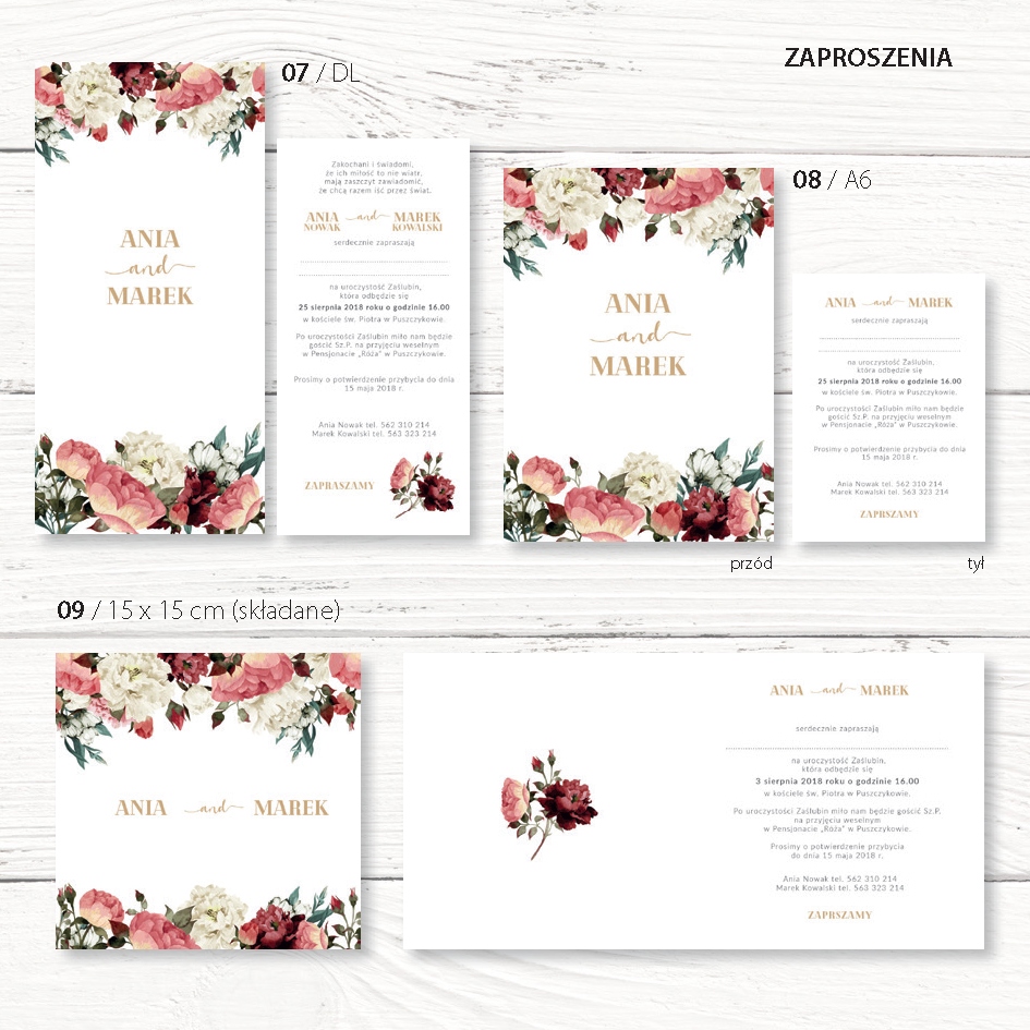 Menu Weselne styl Floral projekt nr 03, format DL, 50 szt. ślub, wesele Wysokość produktu 21 cm