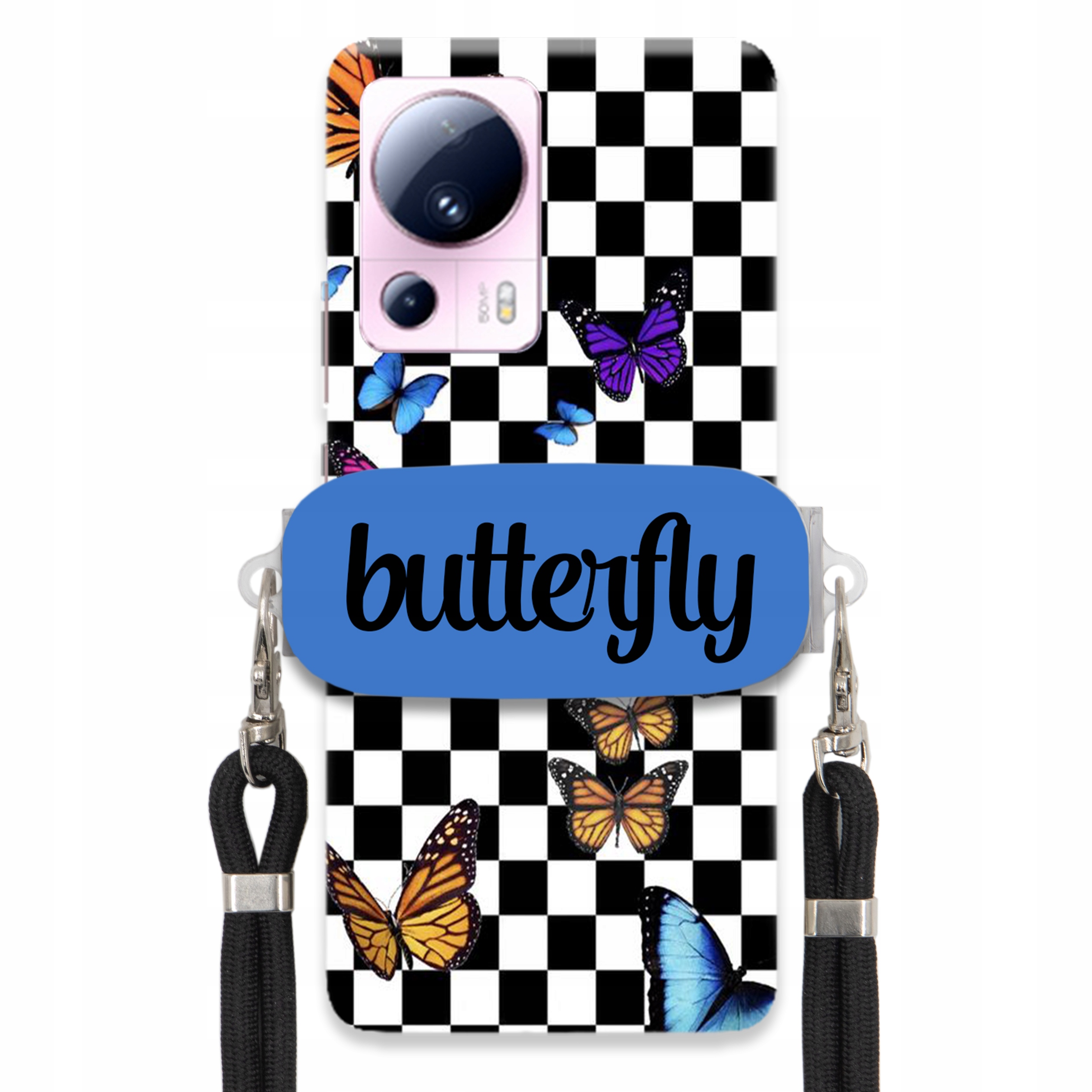 Puzdro Pre Xiaomi 13 Lite Case Obdĺžnikový Držiak Čierne Vodítko Butterfly Motýle
