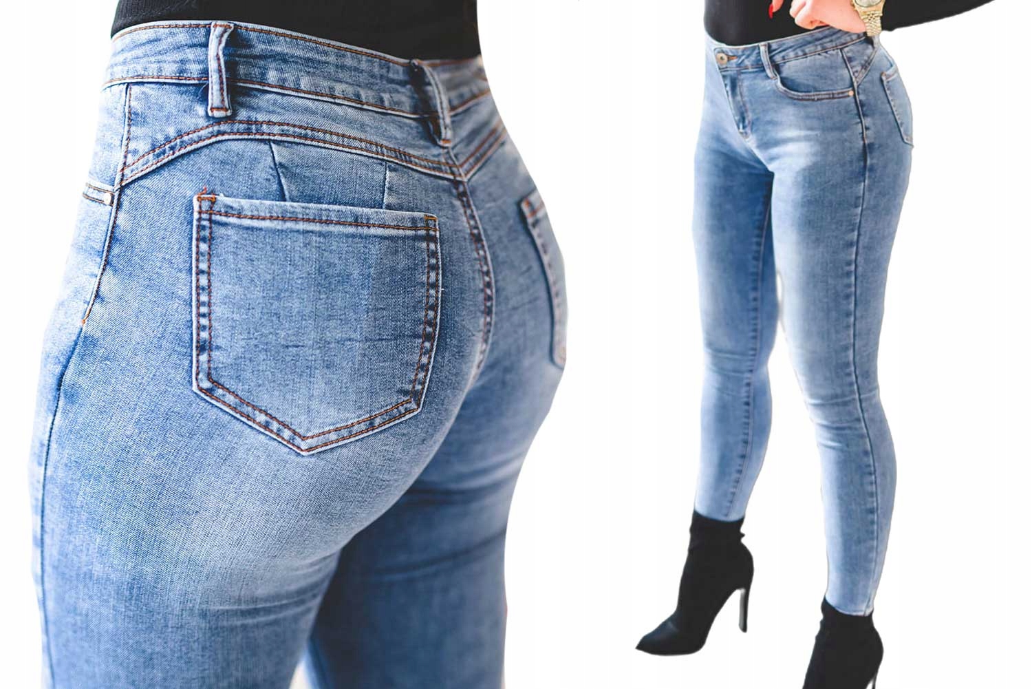 

Wysokie damskie spodnie jeasnowe rurki push up Xs