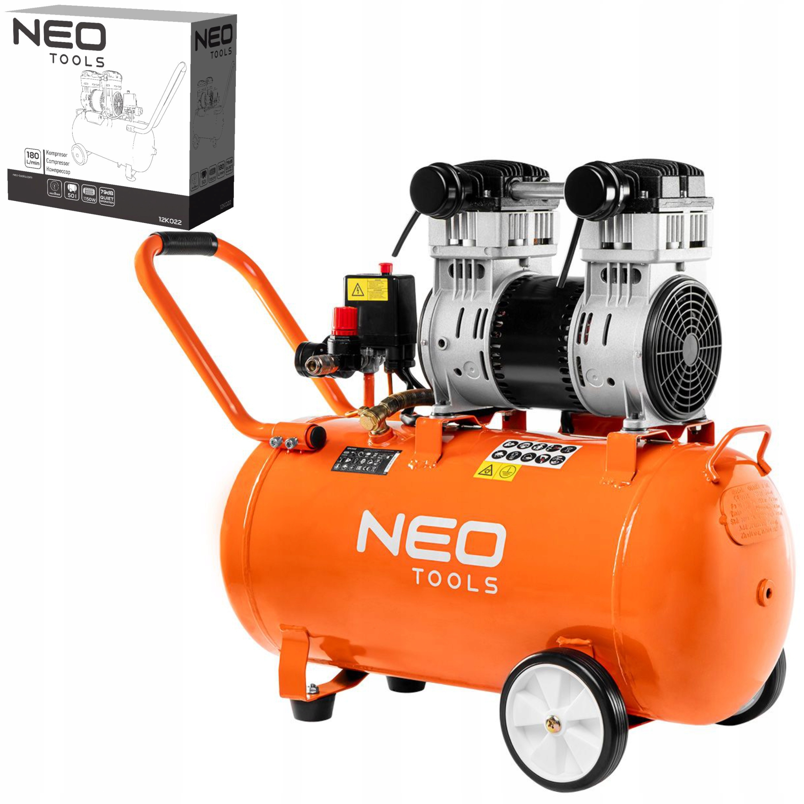 NEO KOMPRESOR BEZOLEJOWY SPRĘŻARKA 50L CYCHY 8 BAR