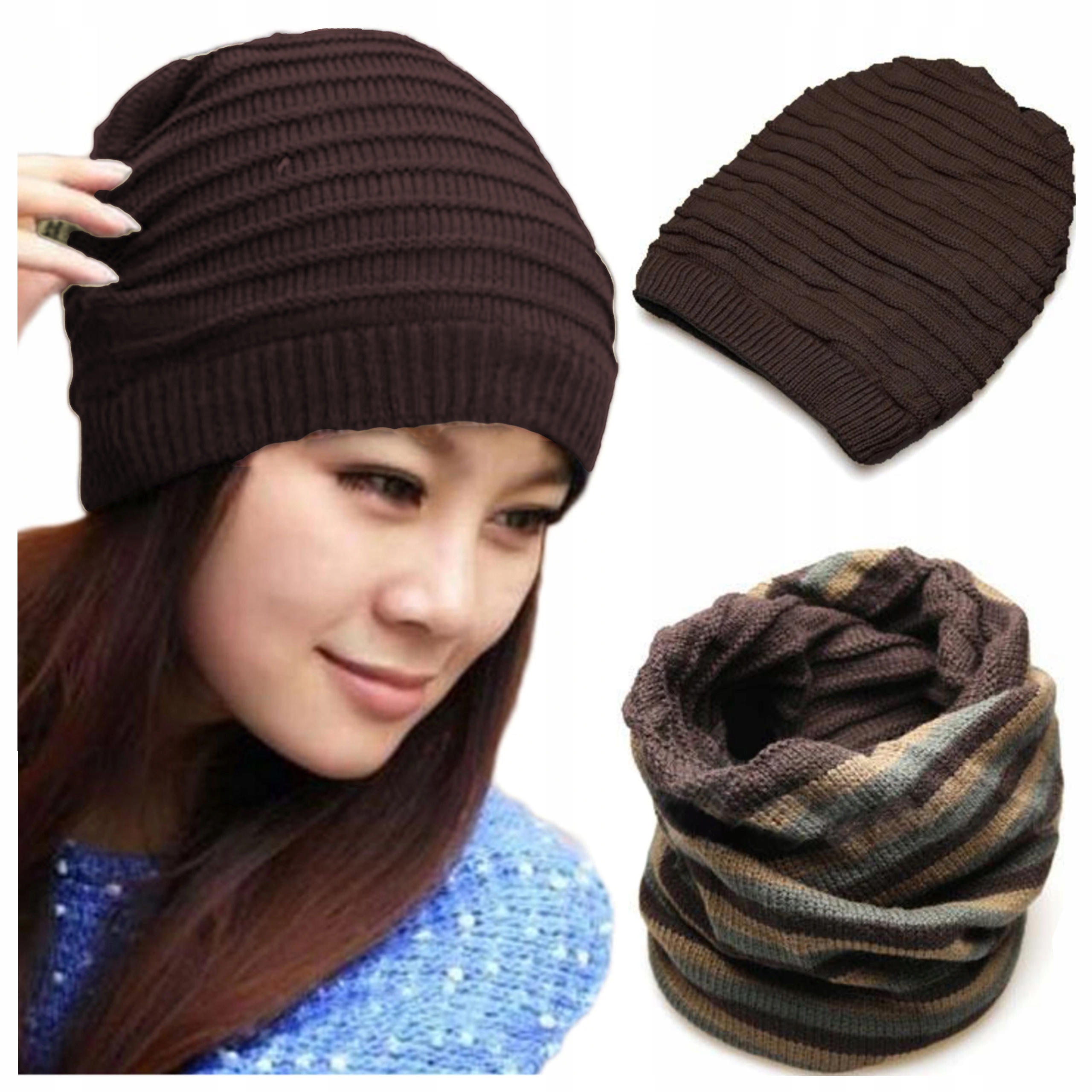 

Dwustronna Czapka beanie Komin krasnal Ciemny Brąz