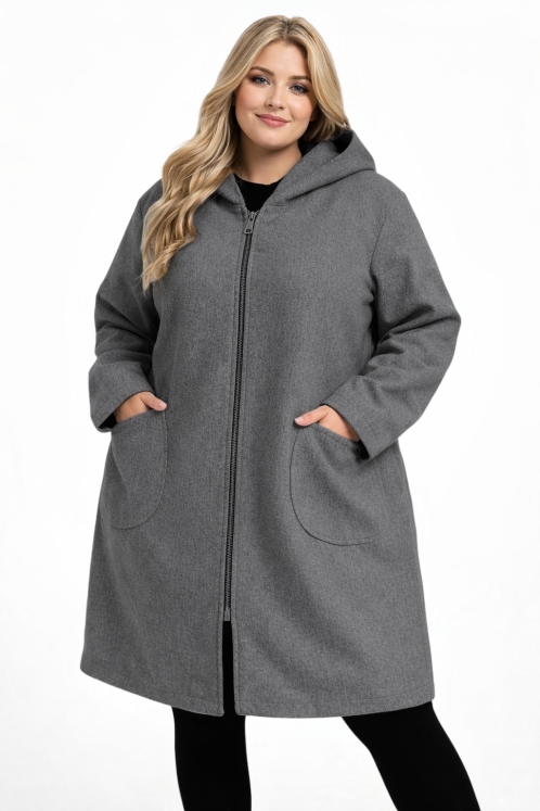 Płaszcz Damski Grafit Wełna Luźny kaptur zamek duży rozmiar 58 60 9XL 10XL