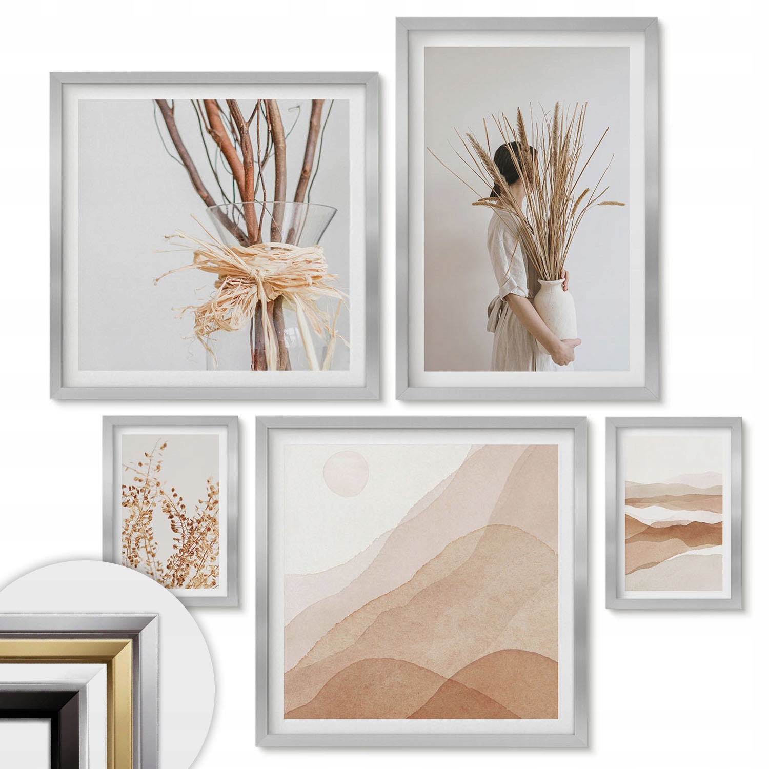 Obrazy v ráme Sada 5 kusov Polyptych Štýlové boho rastliny krajiny
