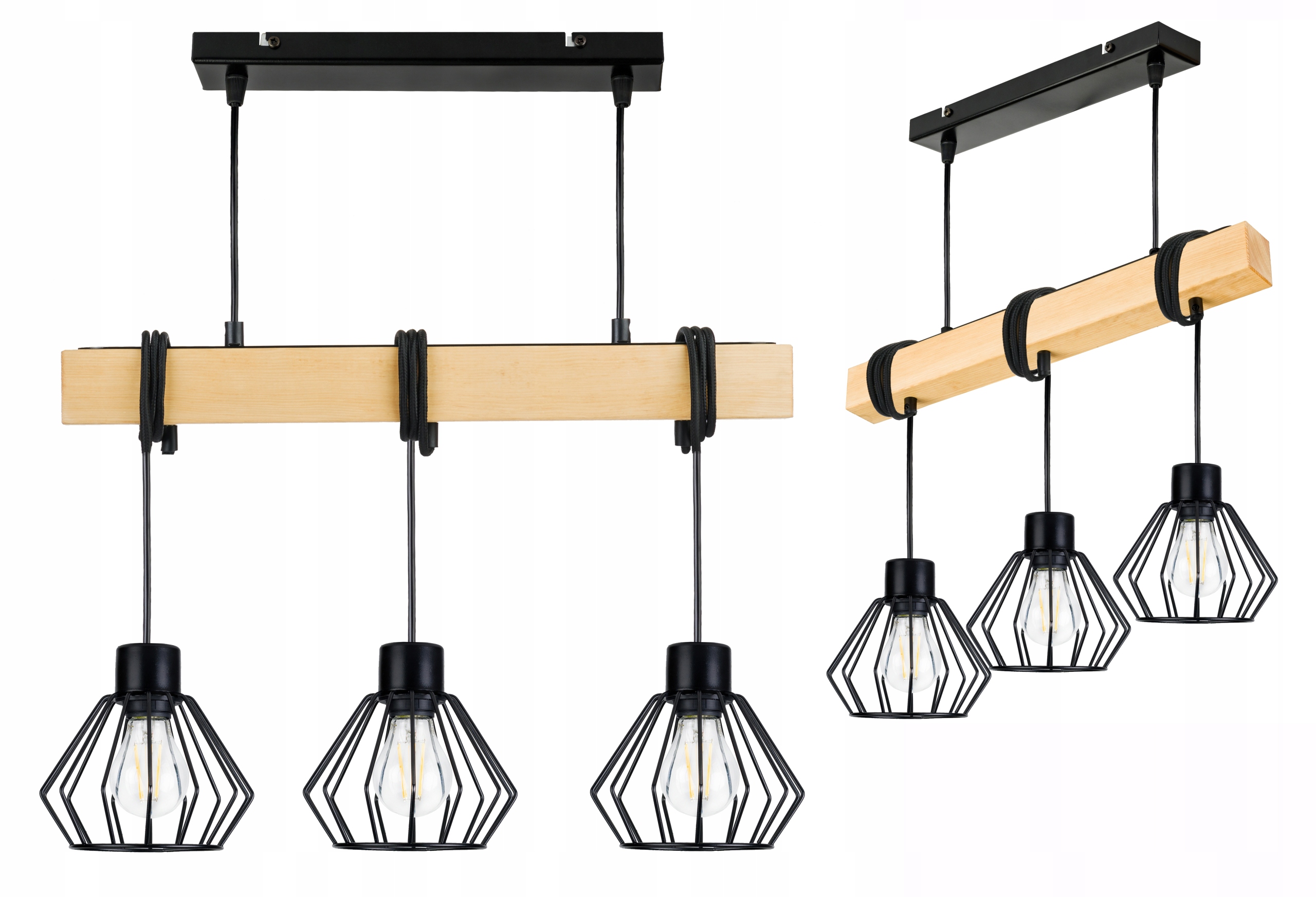 Dřevěná závěsná stropní lampa Lustr Zwis Loft Černý Drát 3xE27