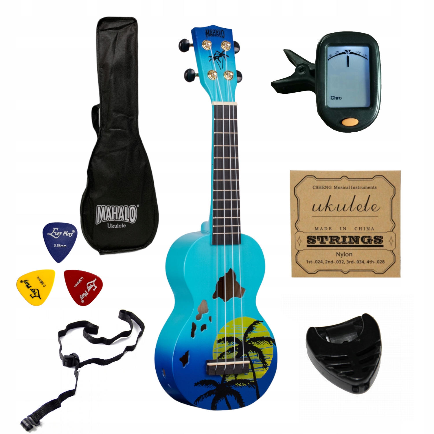 Ukulele sopranowe Mahalo Hawai niebieskie Duży Zestaw