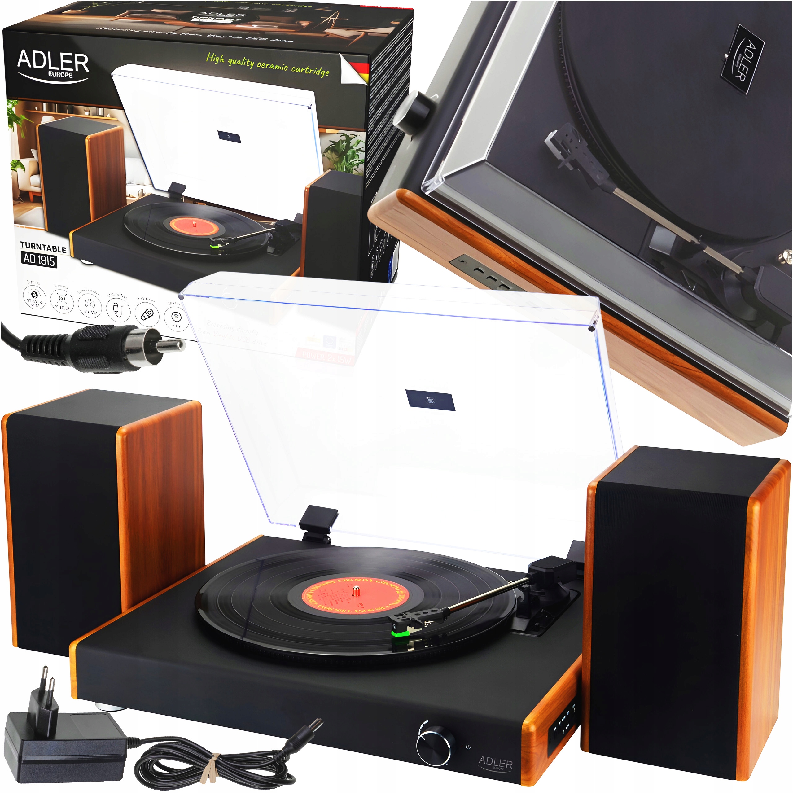 Gramofon Audio Czarny Bluetooth i USB Retro z Głośnikami BT Adler AD 1915