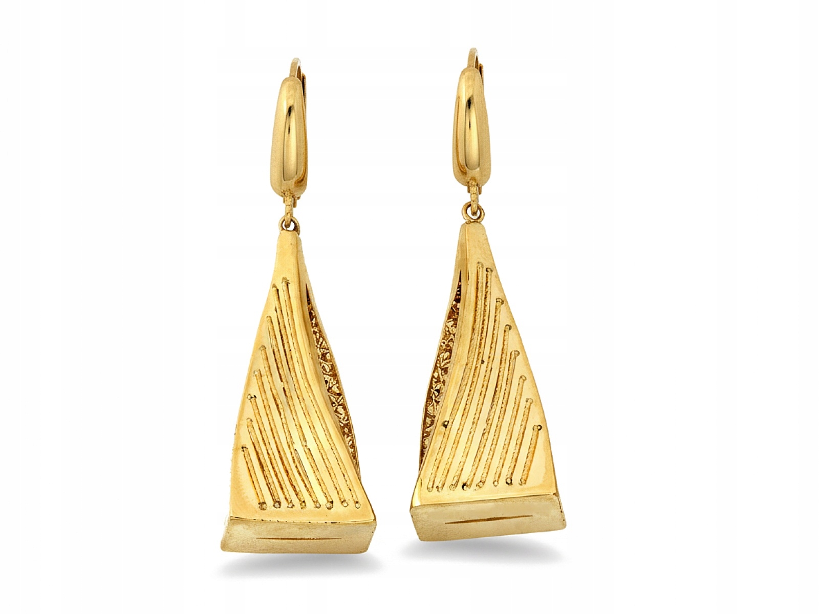Náušnice zlaté 585 pro ženu, velké, dlouhé, trojúhelníkové, prostorové pro ni