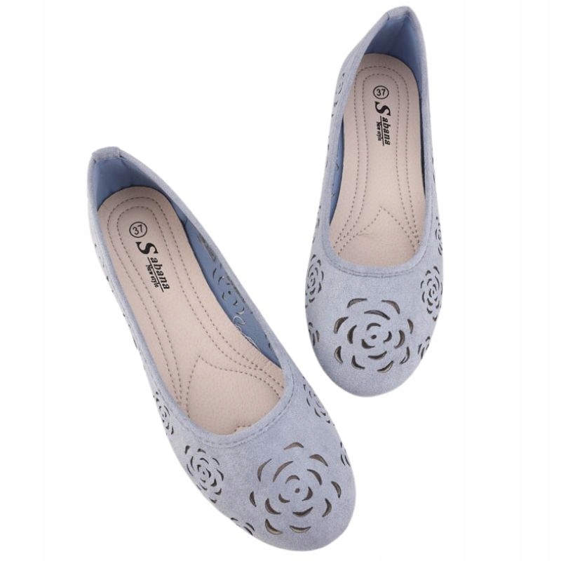 Niebieskie Balerinki Damskie Ażurowe Półbuty Wsuwane Wkł. Ekoskóra Miękkie