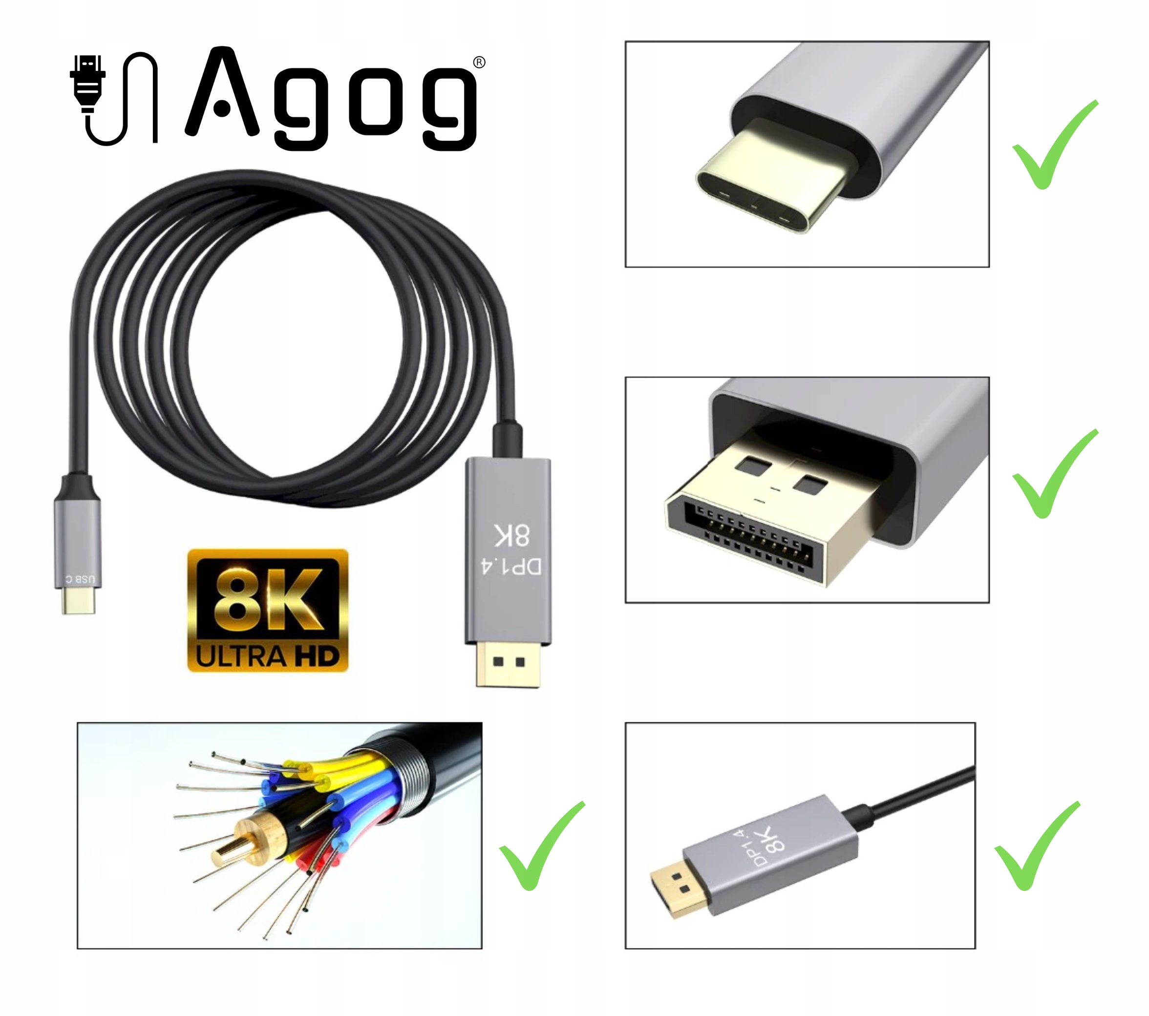 KABEL USB-C DISPLAYPORT 1.4 DP TYP C 8K 30 HZ 4K MAC PRZEJŚCIÓWKA TYP-C Marka Agog