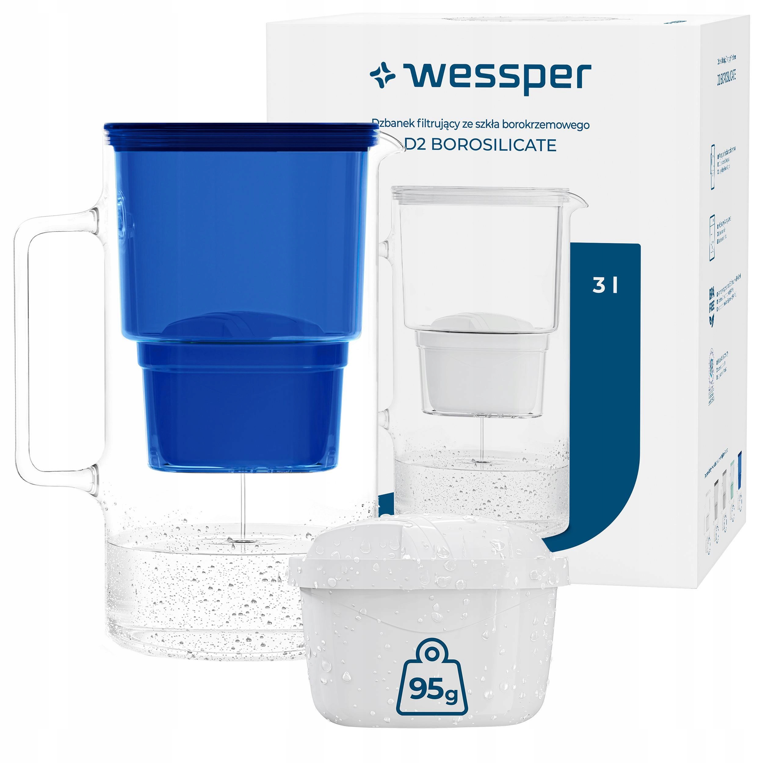 Dzbanek filtrujący szklany Wessper D2 Borosilicate 3l 1 filtr Aquamax