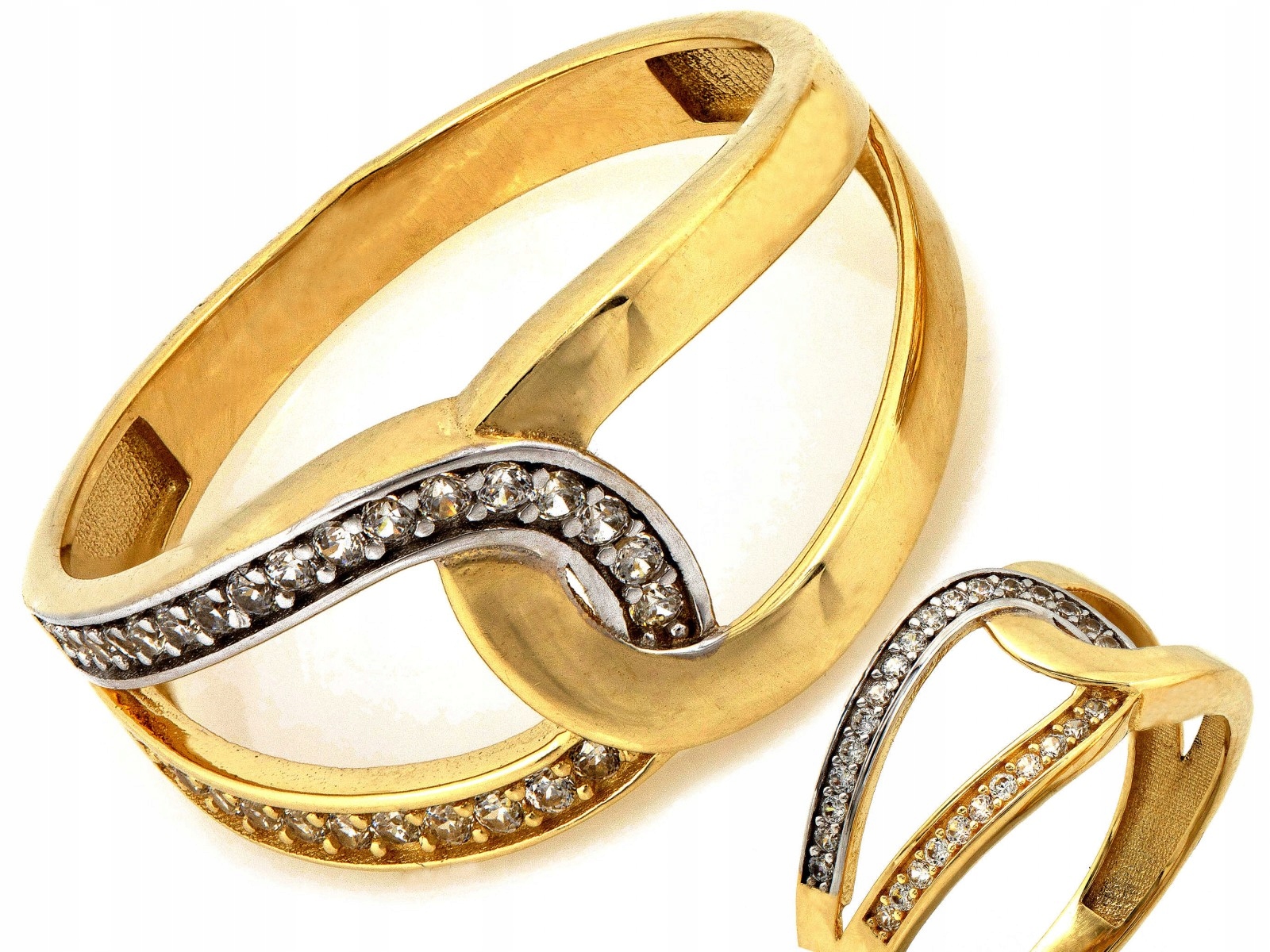 Prstýnek 585 s proplétanými dvěma smyčkami a bílými zirkony 14kt