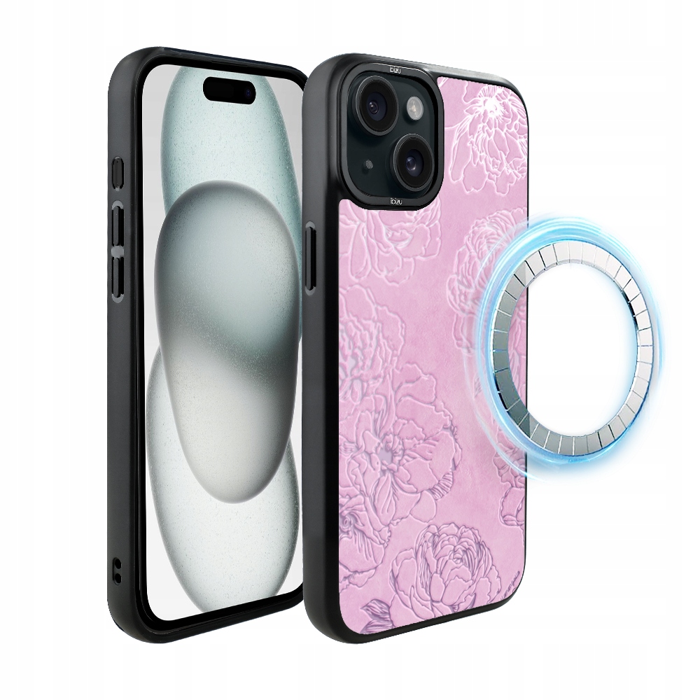 Pouzdro pro iPhone 15 Ibizu DropGuard Matt s MagSafe, růžové pivoňky