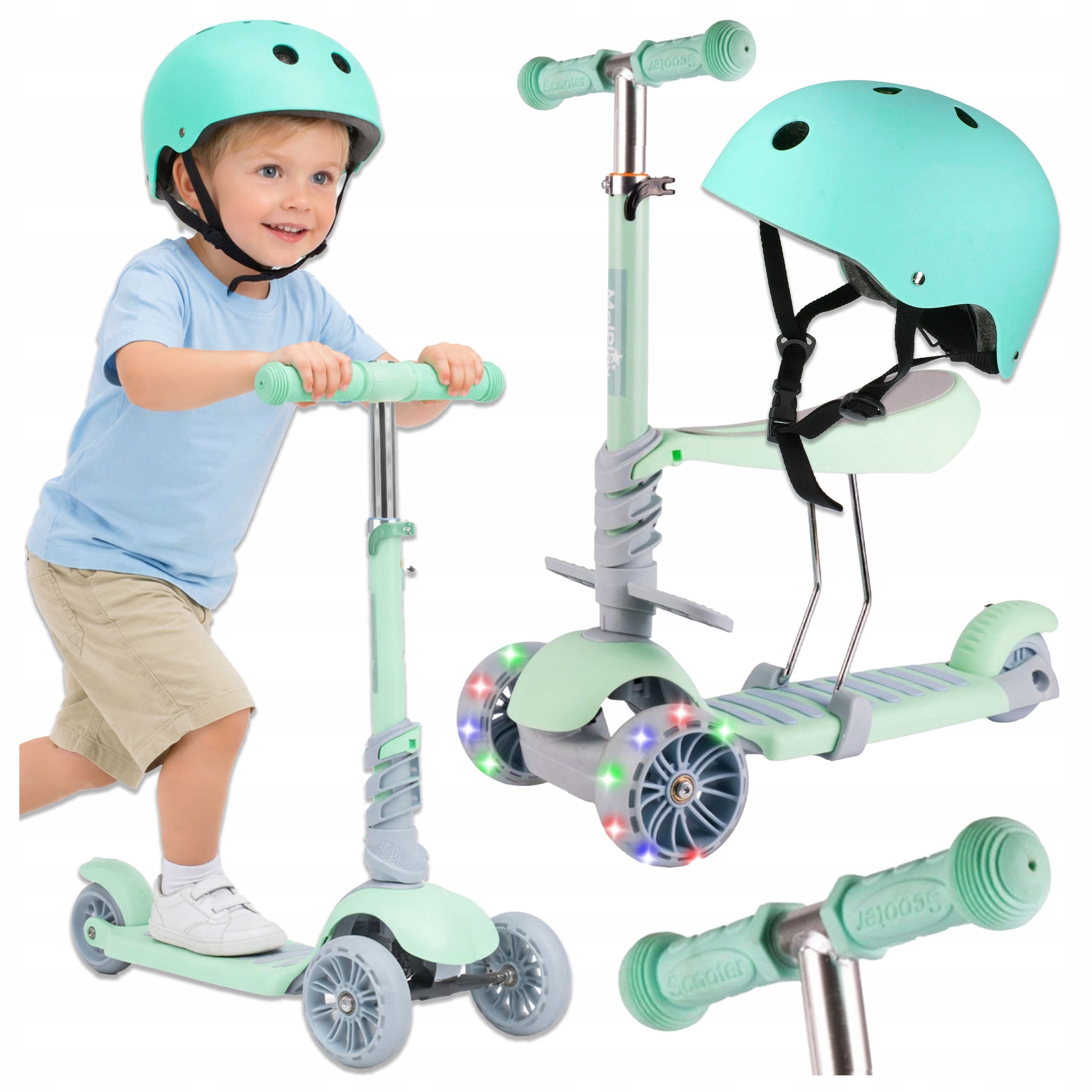Hulajnoga trójkołowa balansowa Led siodełka regulacja kask zestaw 2w1