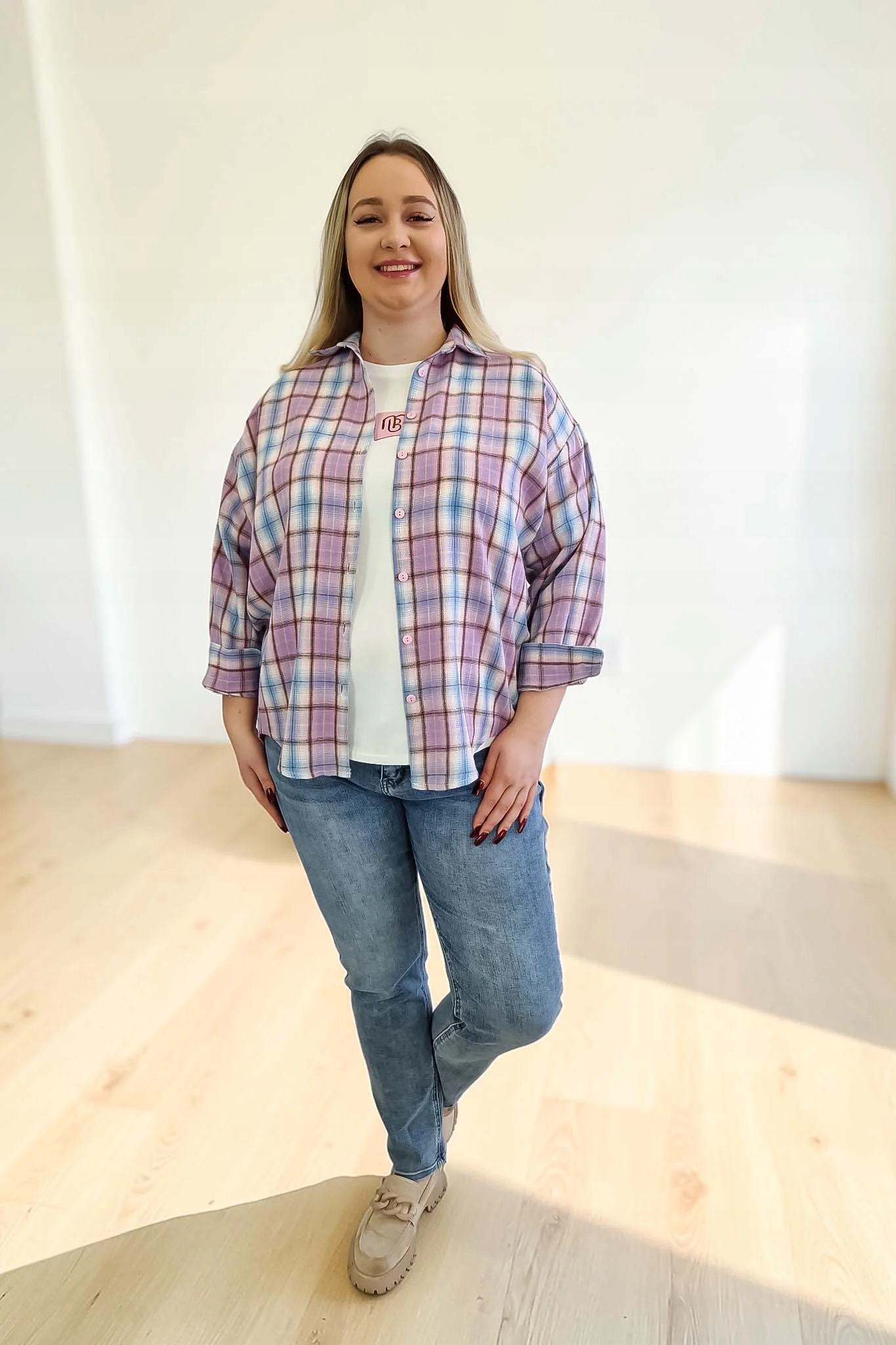 Asymetrická dámská košile Oversize s kostkovanou fialovou barvou L/XL