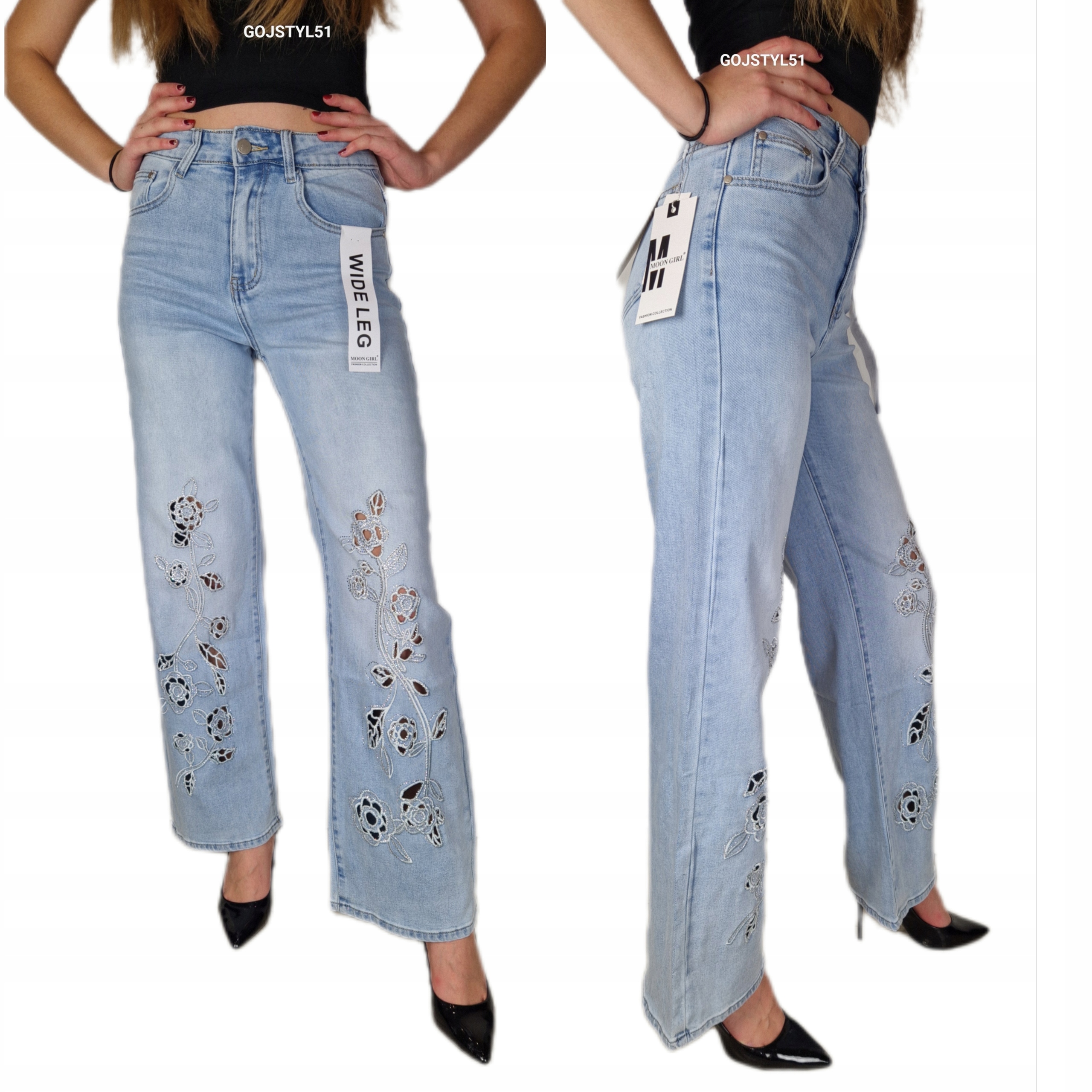 Spodnie Jeansowe Damskie Jasne z Haftami na Nogawkach