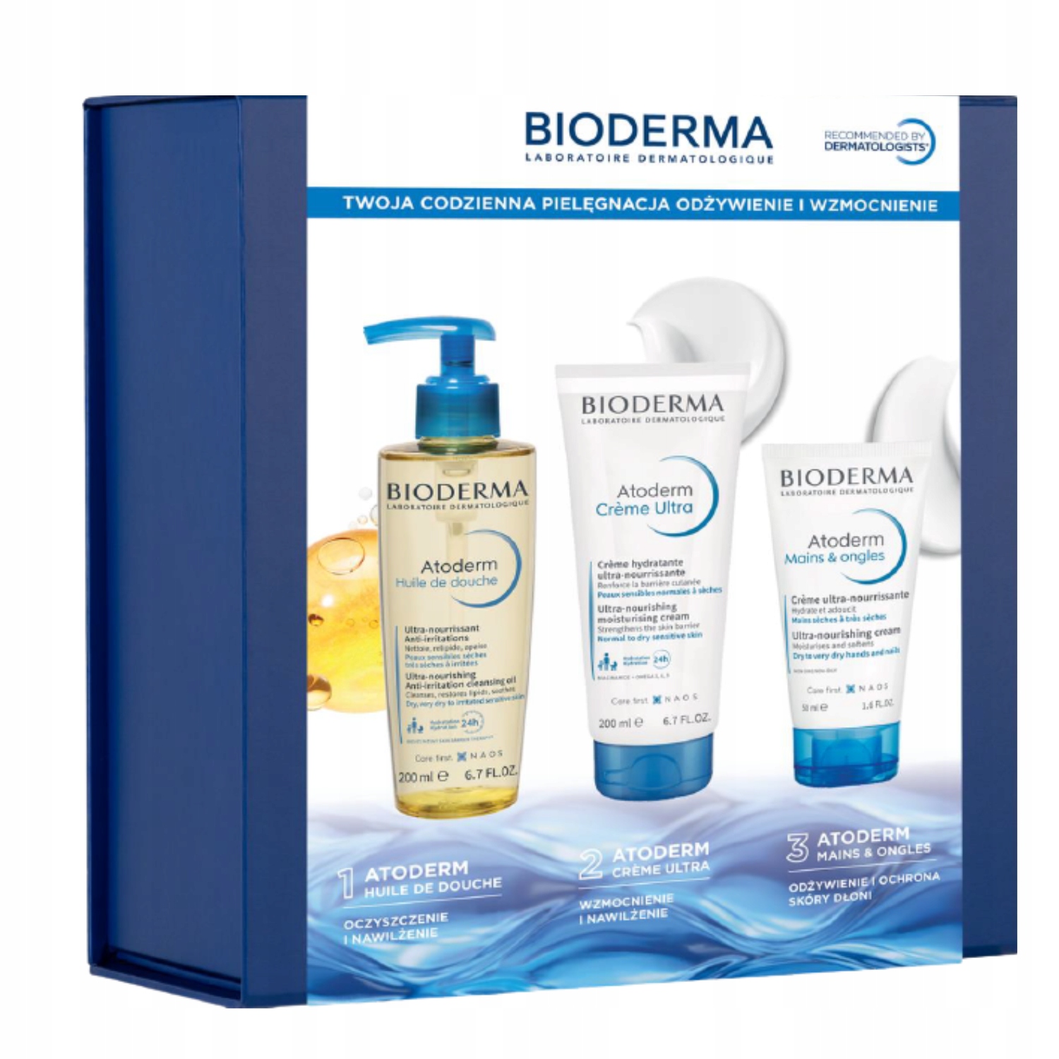 Bioderma Atoderm Zestaw Krem 200 ml Olejek 200 ml Krem do rąk 50 ml