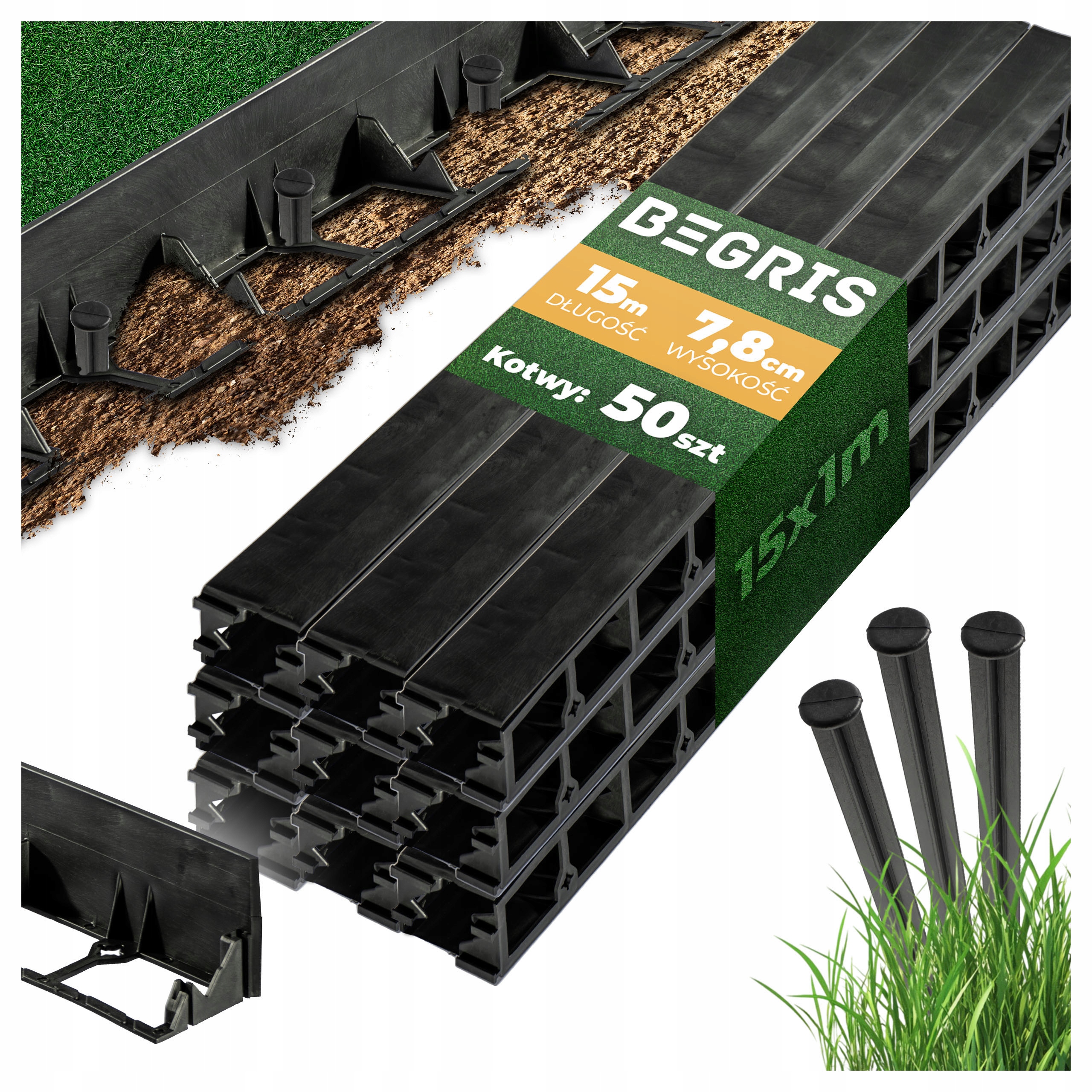 Obrzeże Ogrodowe Trawnikowe 15 Mb Kotwy 50 Szt Eco Border 7,8 CM Obrzeża