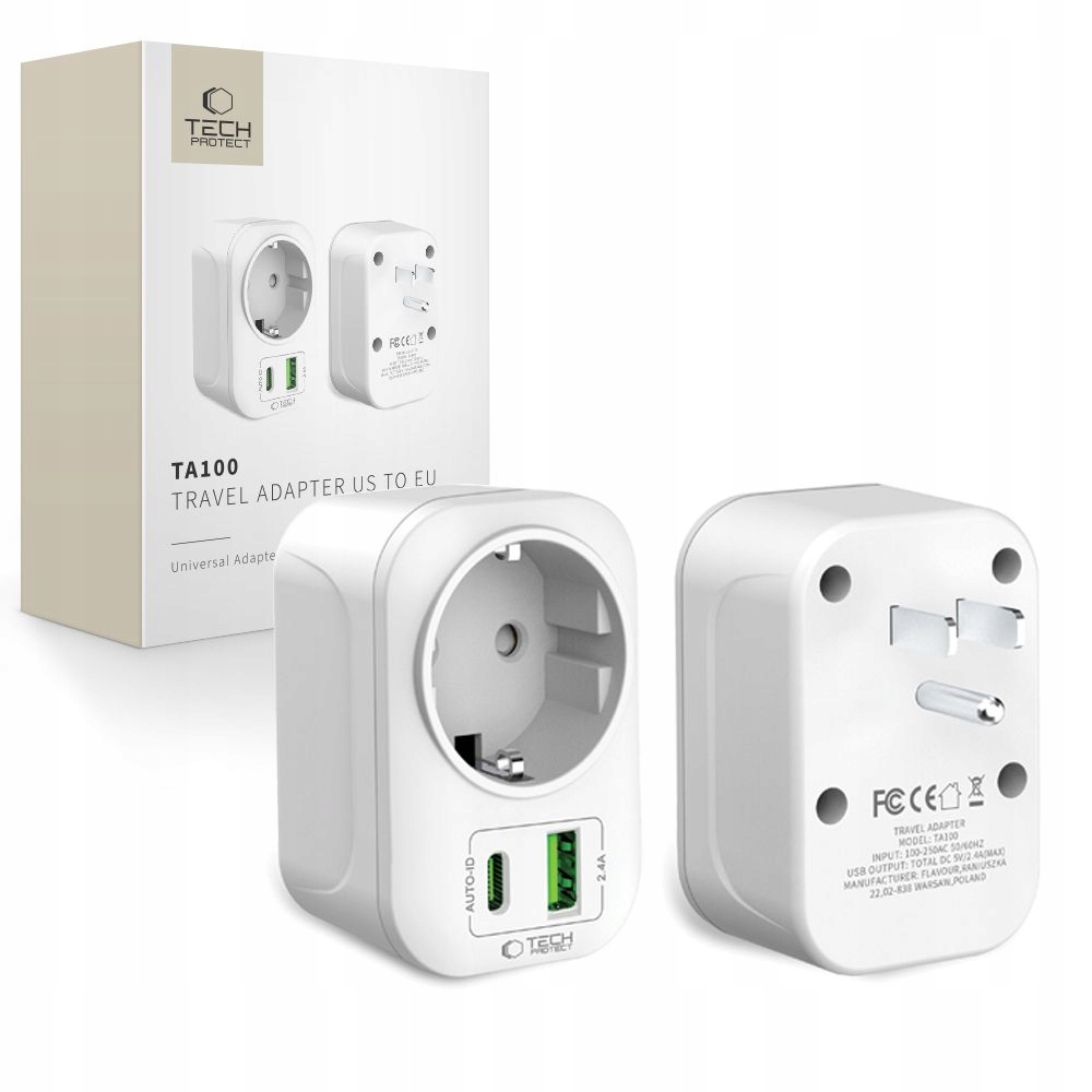 Tech-protect Adapter Przejściówka Usa Do Eu Biała Ładowarka Podróżna White