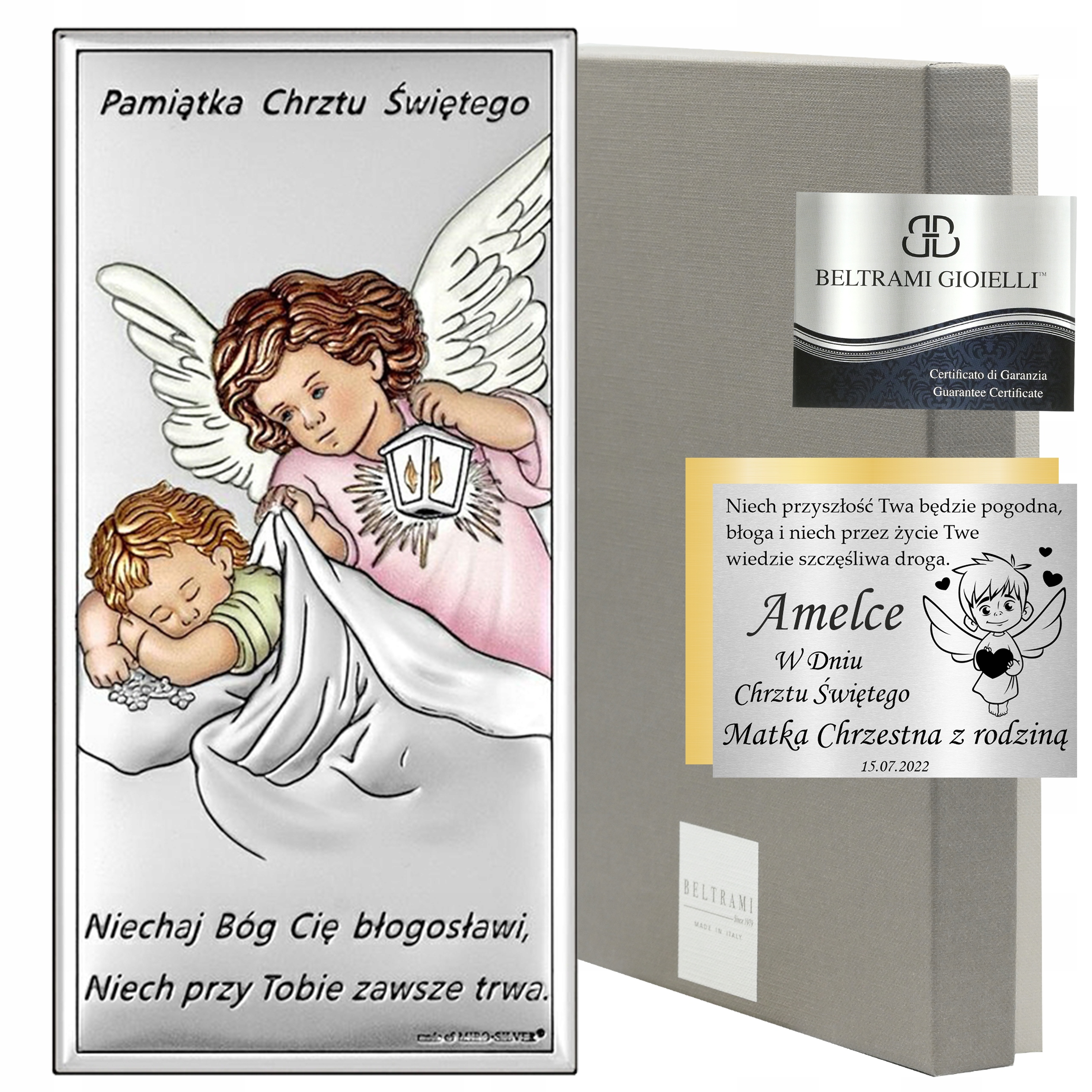 SREBRNY OBRAZEK ANIOŁEK PAMIĄTKA CHRZTU ŚWIĘTEGO