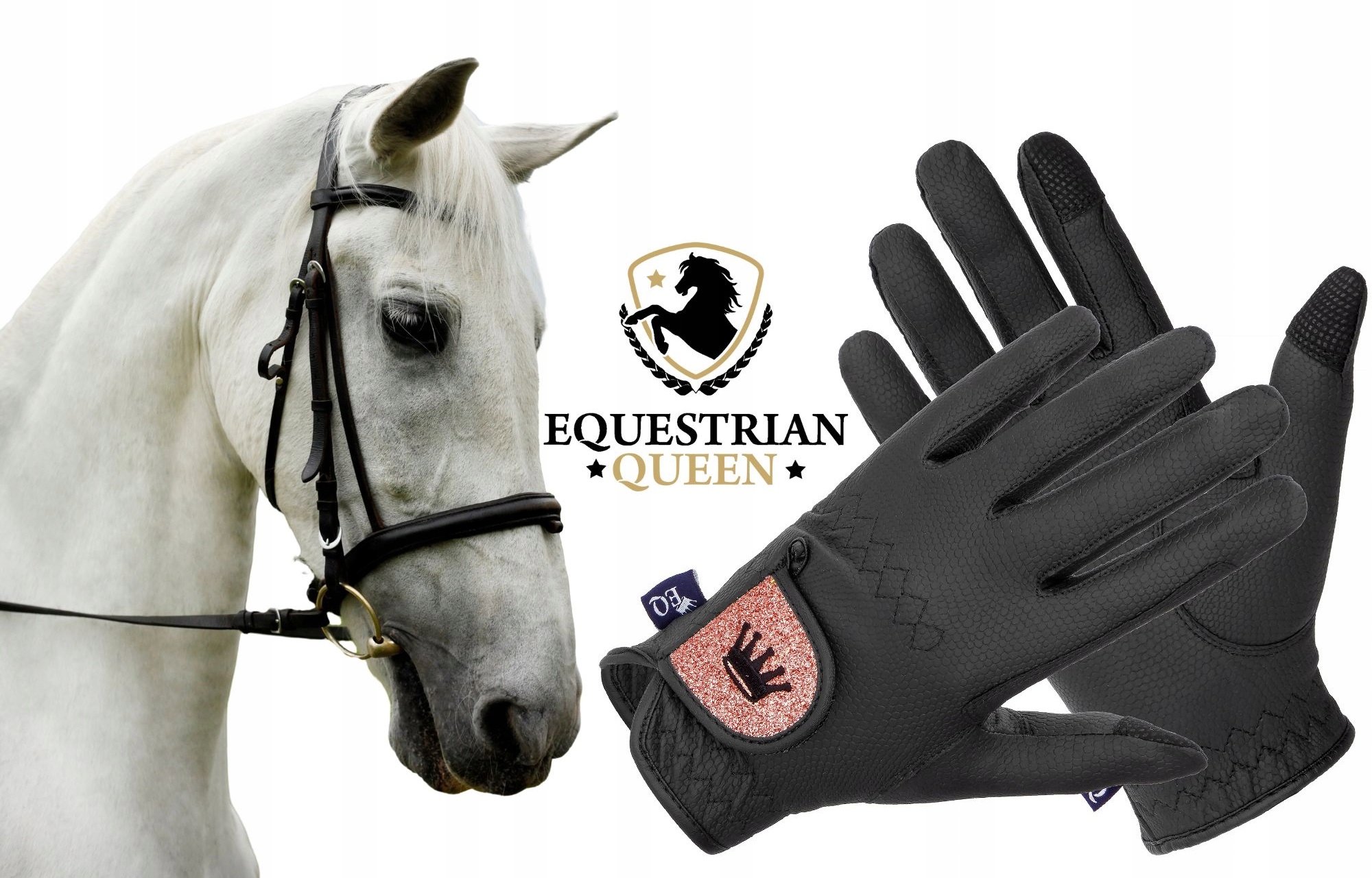 Rękawiczki jeździeckie Equestrian Queen Bali praktyczne czarne/rosegold M